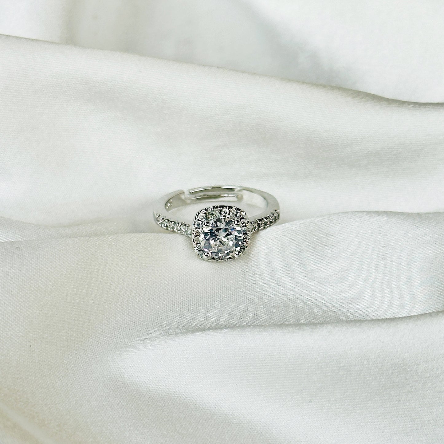 Solitaire Cubic Zircon American Diamond Silver Plated Adjustable Ring