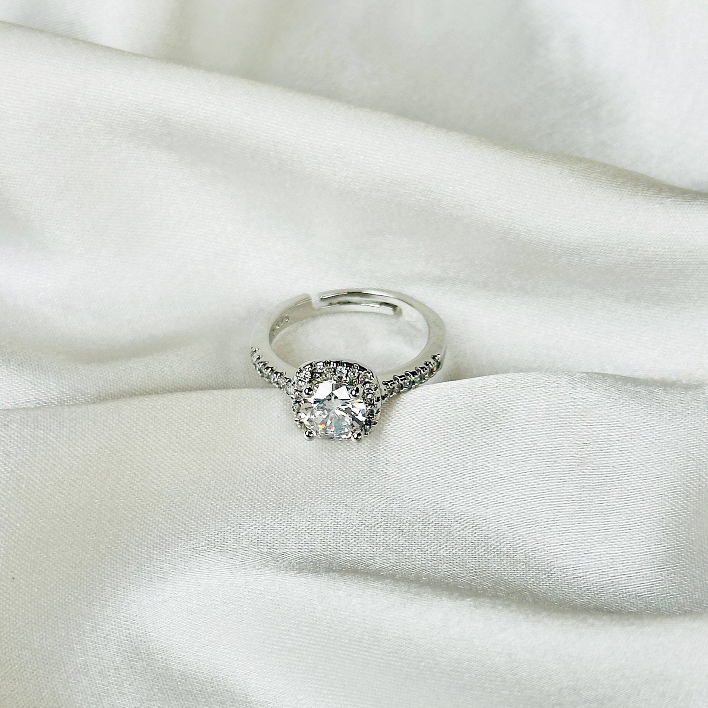 Solitaire Cubic Zircon American Diamond Silver Plated Adjustable Ring