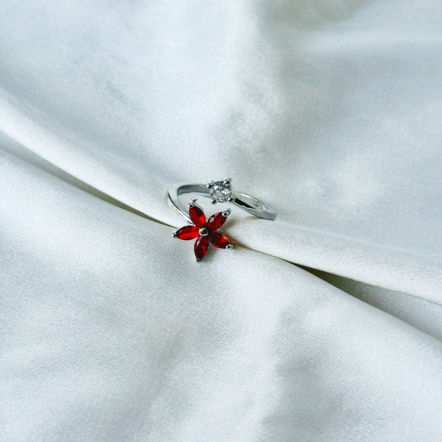 Red Ruby Cubic Zirconia American Diamond Silver Plated Adjustable Ring