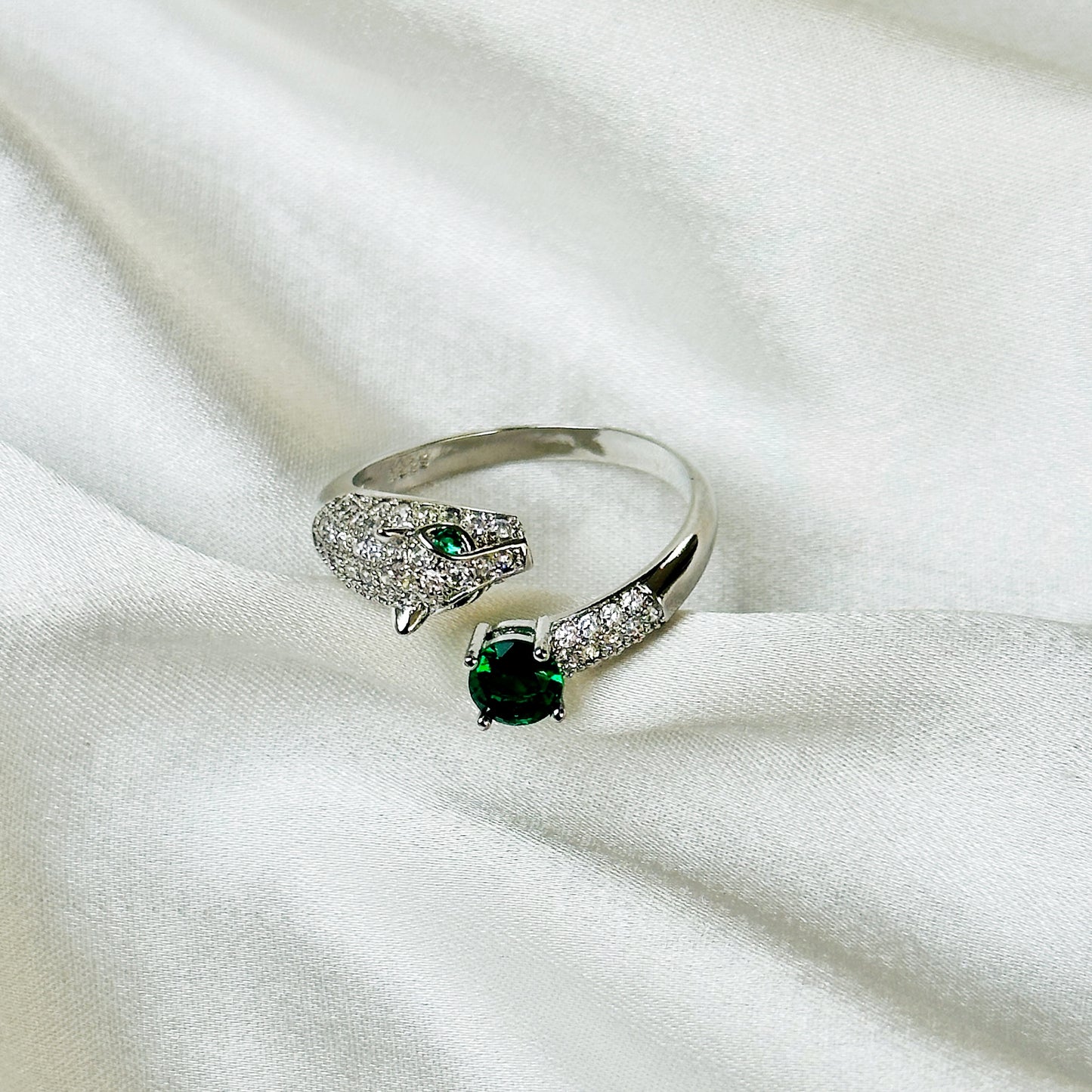 Jaguar Design Green Emerald American Diamond Silver Plated Adjustable Ring