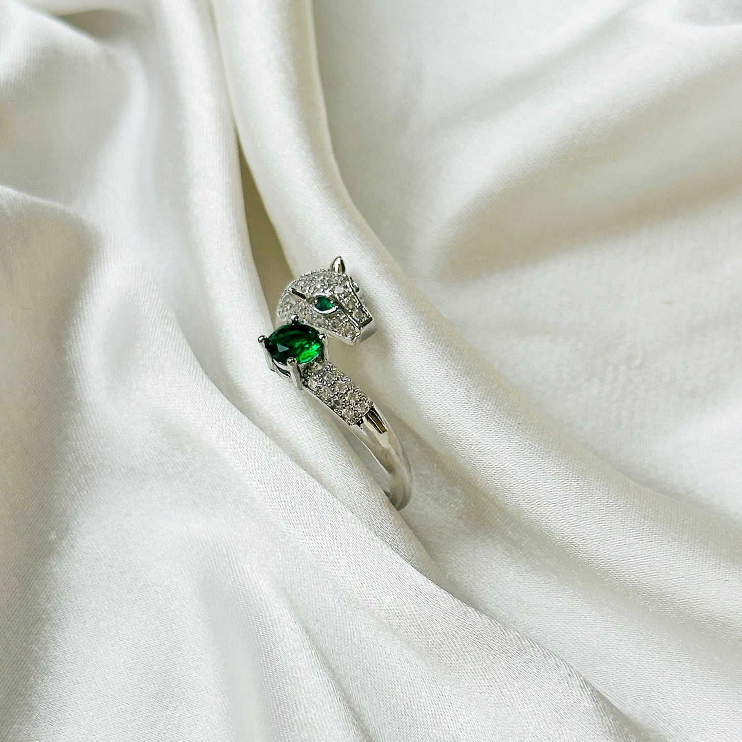 Jaguar Design Green Emerald American Diamond Silver Plated Adjustable Ring