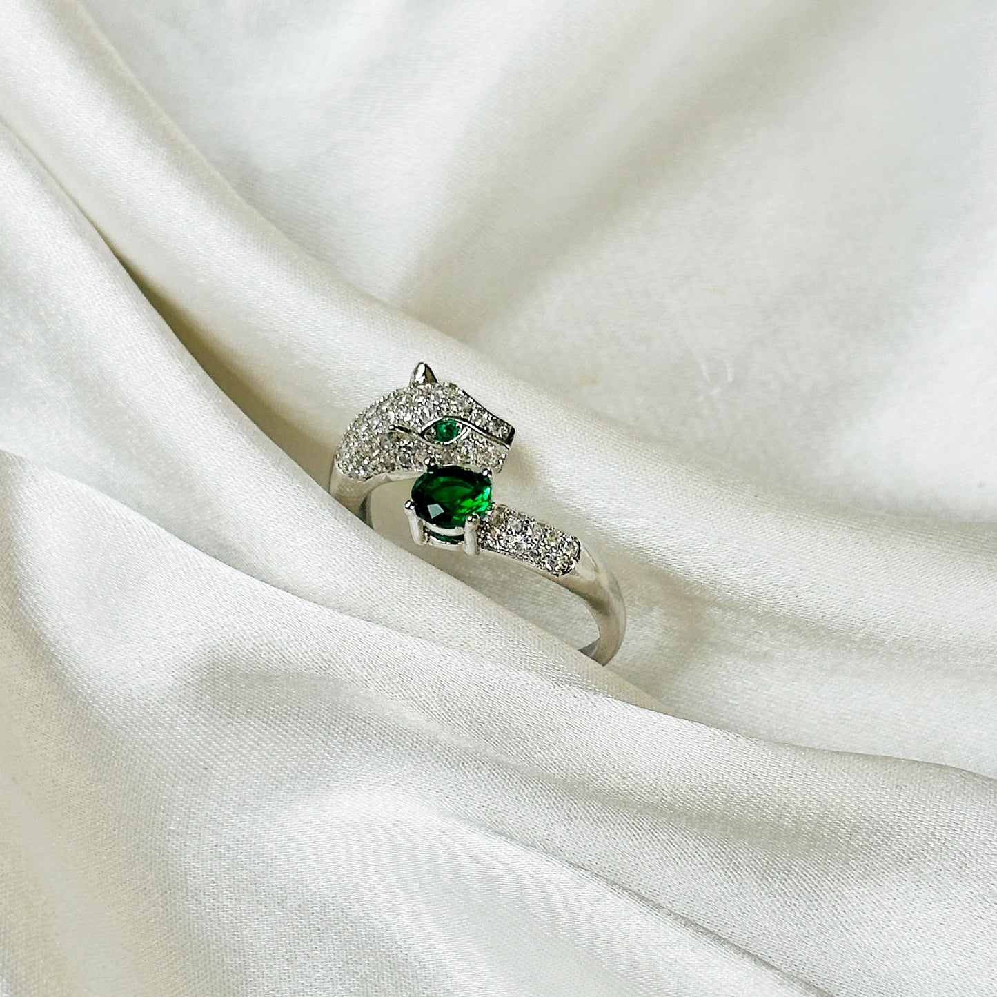 Jaguar Design Green Emerald American Diamond Silver Plated Adjustable Ring
