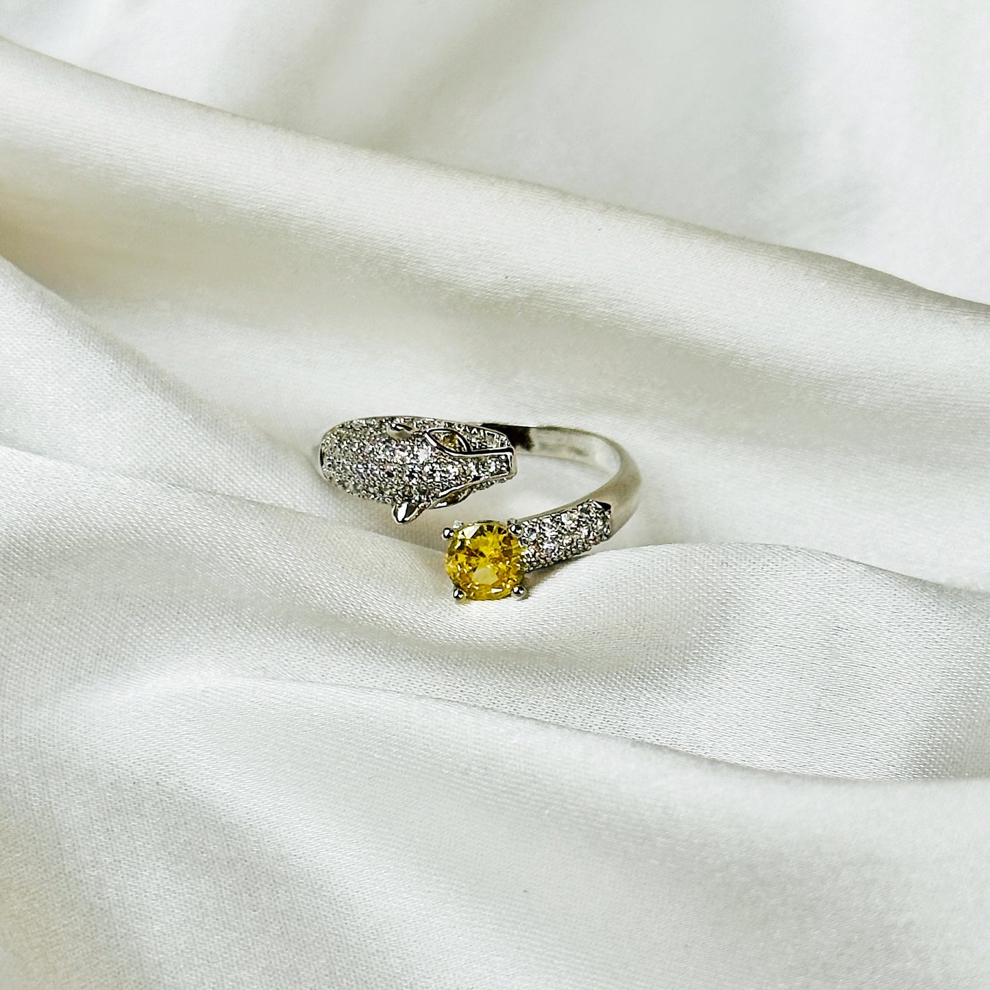 Jaguar Design Yellow Topaz American Diamond Silver Plated Adjustable Ring