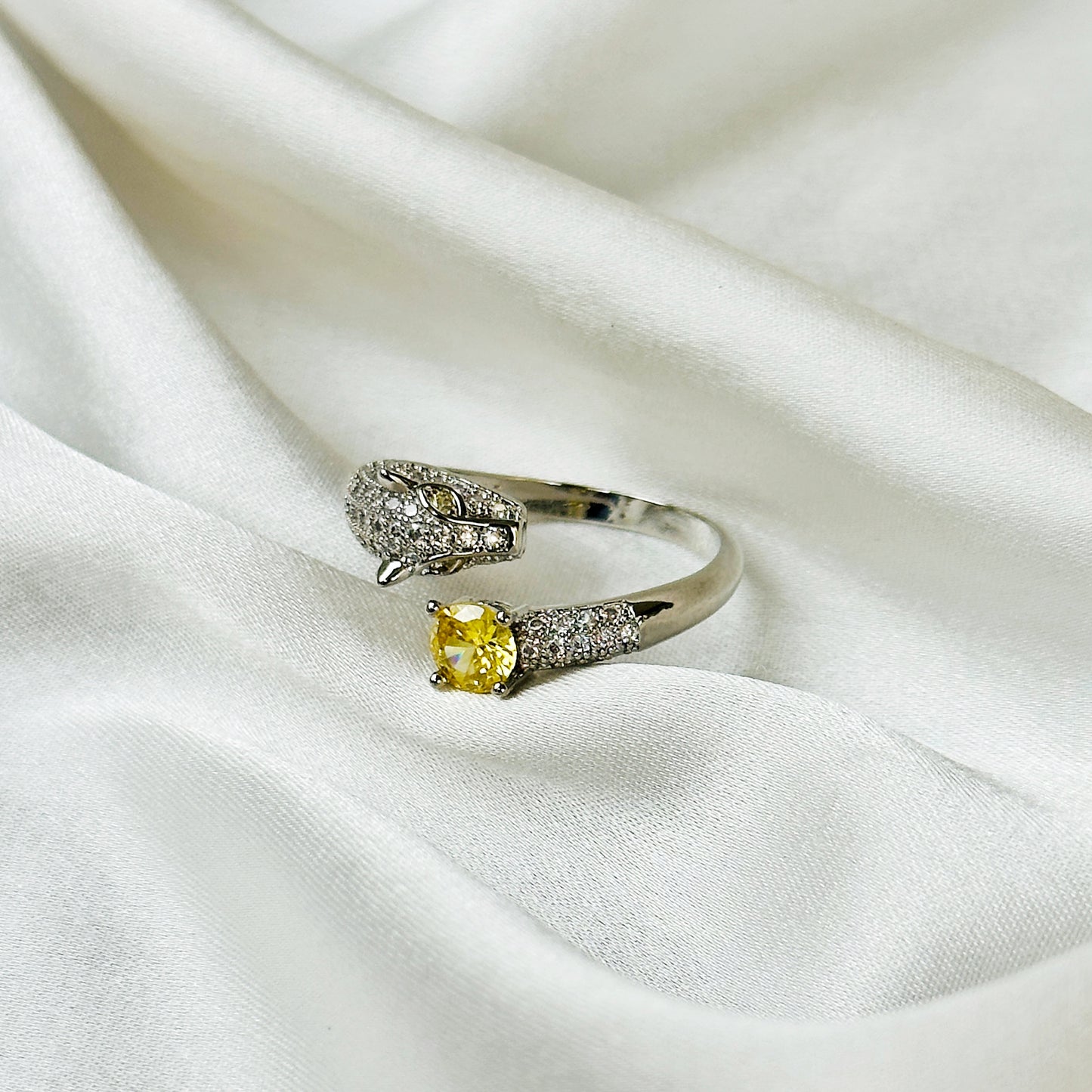Jaguar Design Yellow Topaz American Diamond Silver Plated Adjustable Ring