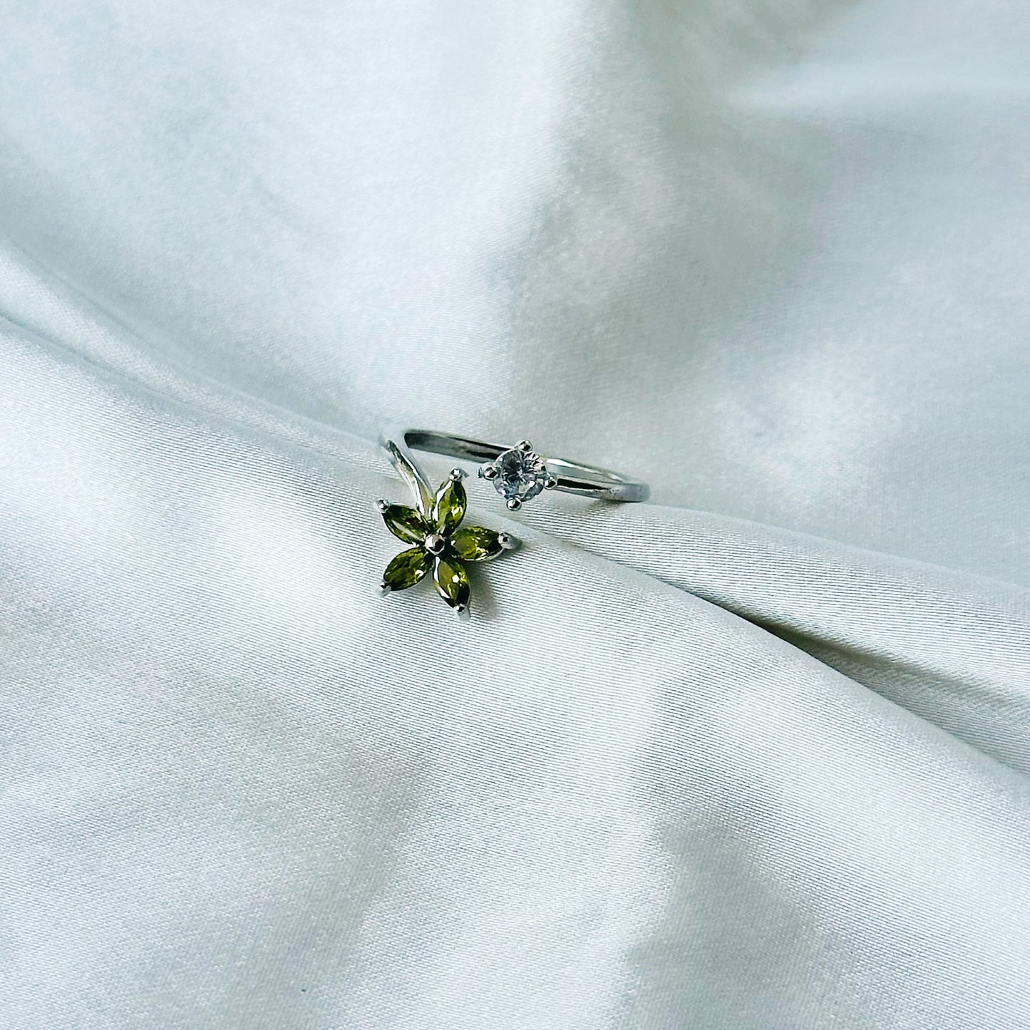 Olive Green Cubic Zirconia American Diamond Silver Plated Adjustable Ring