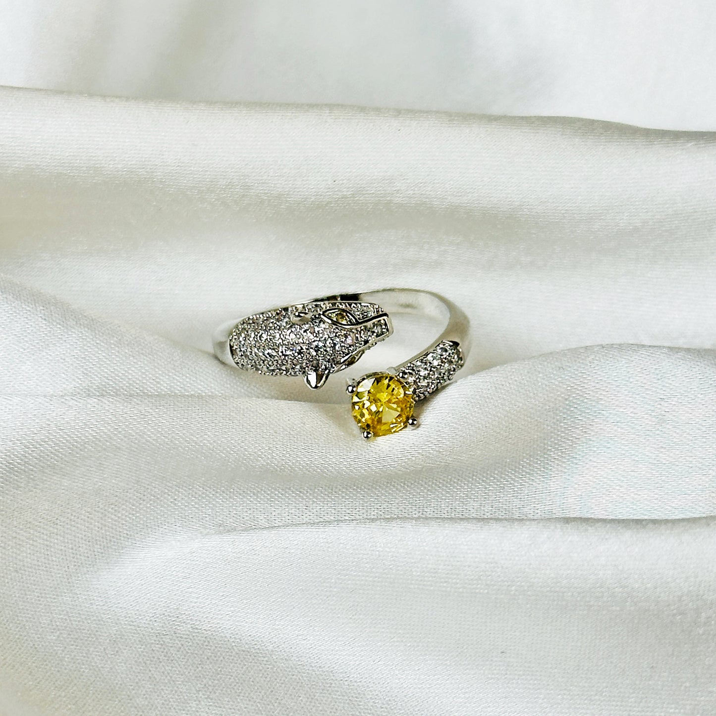 Jaguar Design Yellow Topaz American Diamond Silver Plated Adjustable Ring