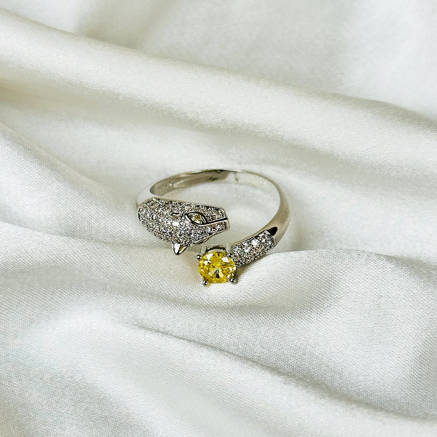 Jaguar Design Yellow Topaz American Diamond Silver Plated Adjustable Ring