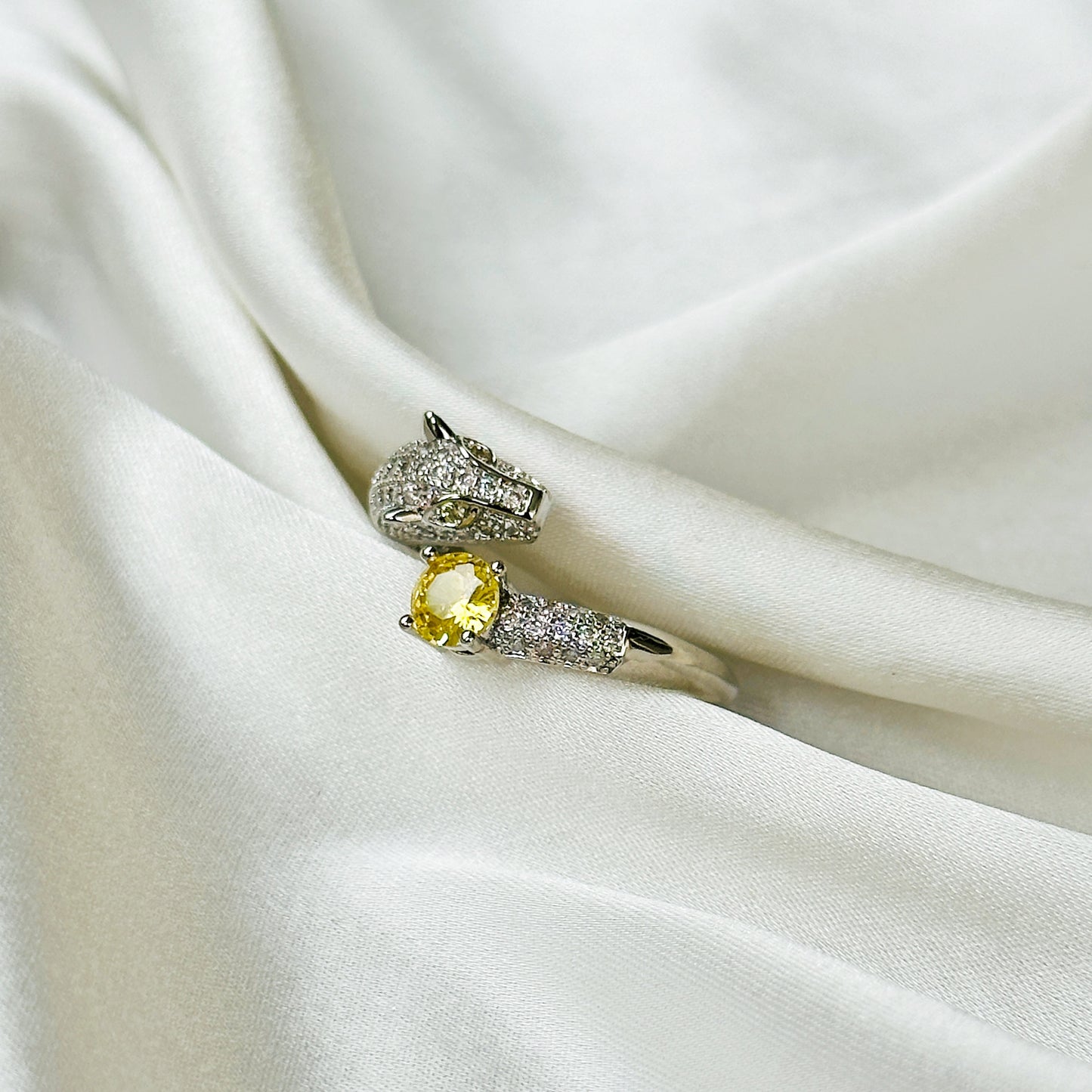 Jaguar Design Yellow Topaz American Diamond Silver Plated Adjustable Ring