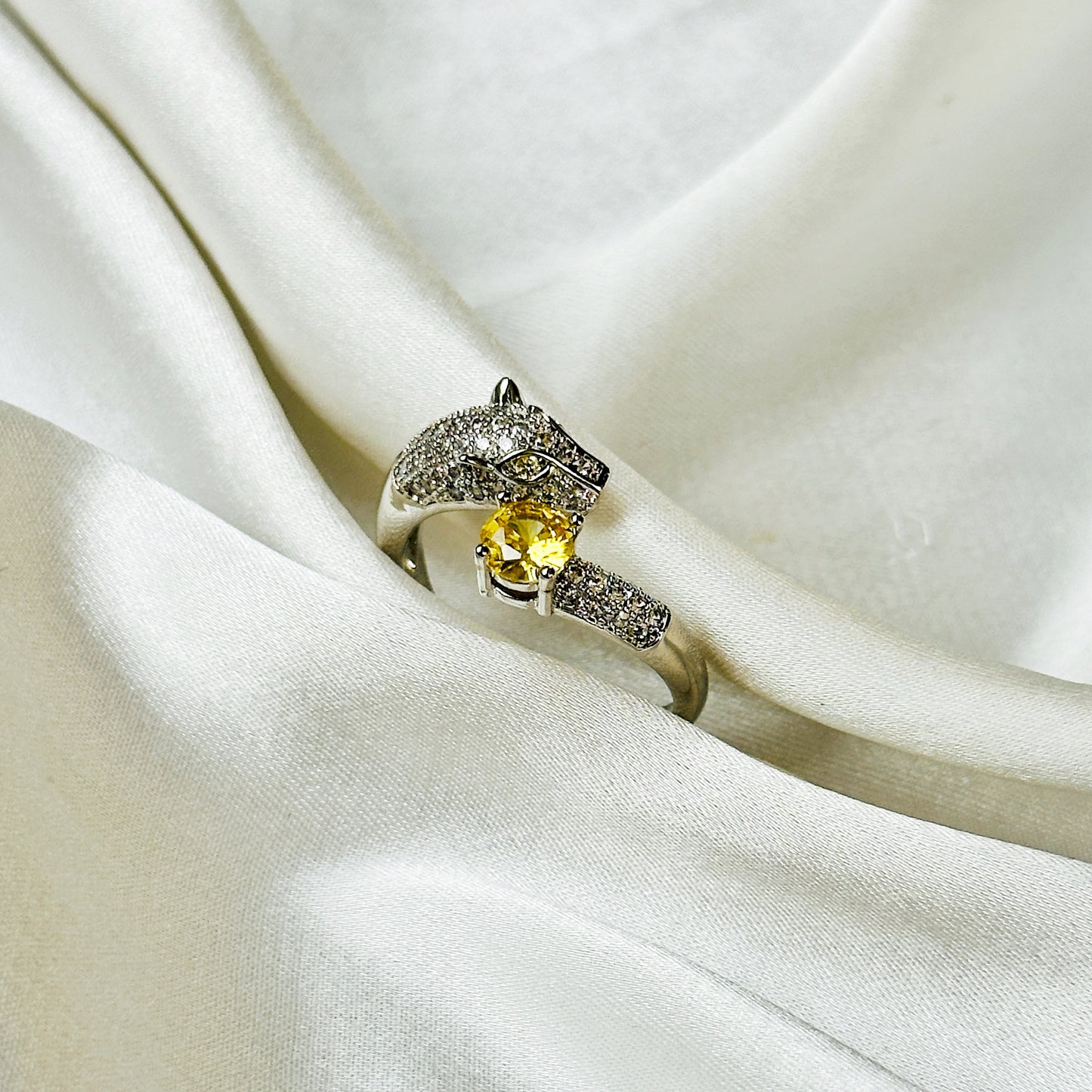 Jaguar Design Yellow Topaz American Diamond Silver Plated Adjustable Ring