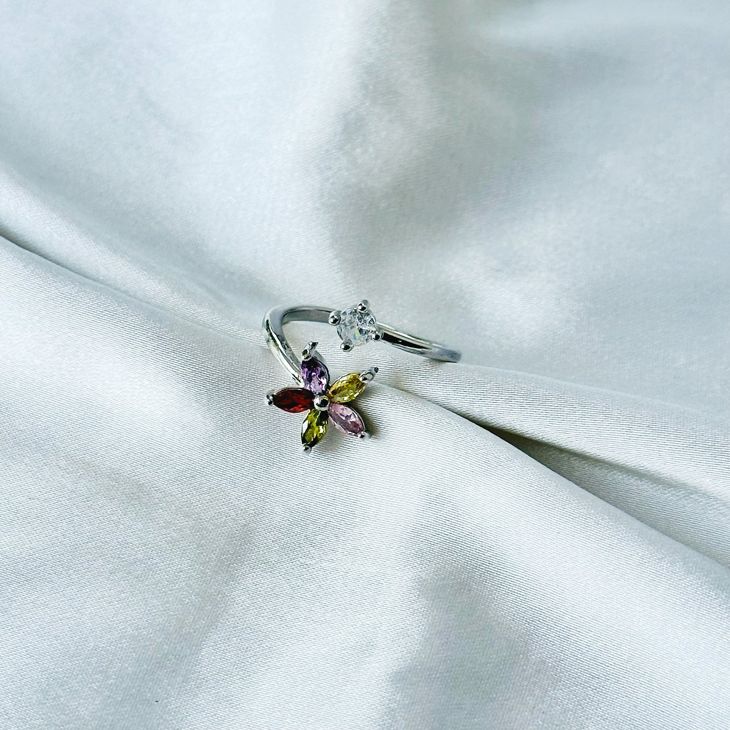 Multi-Color American Diamond Silver Plated Adjustable Ring