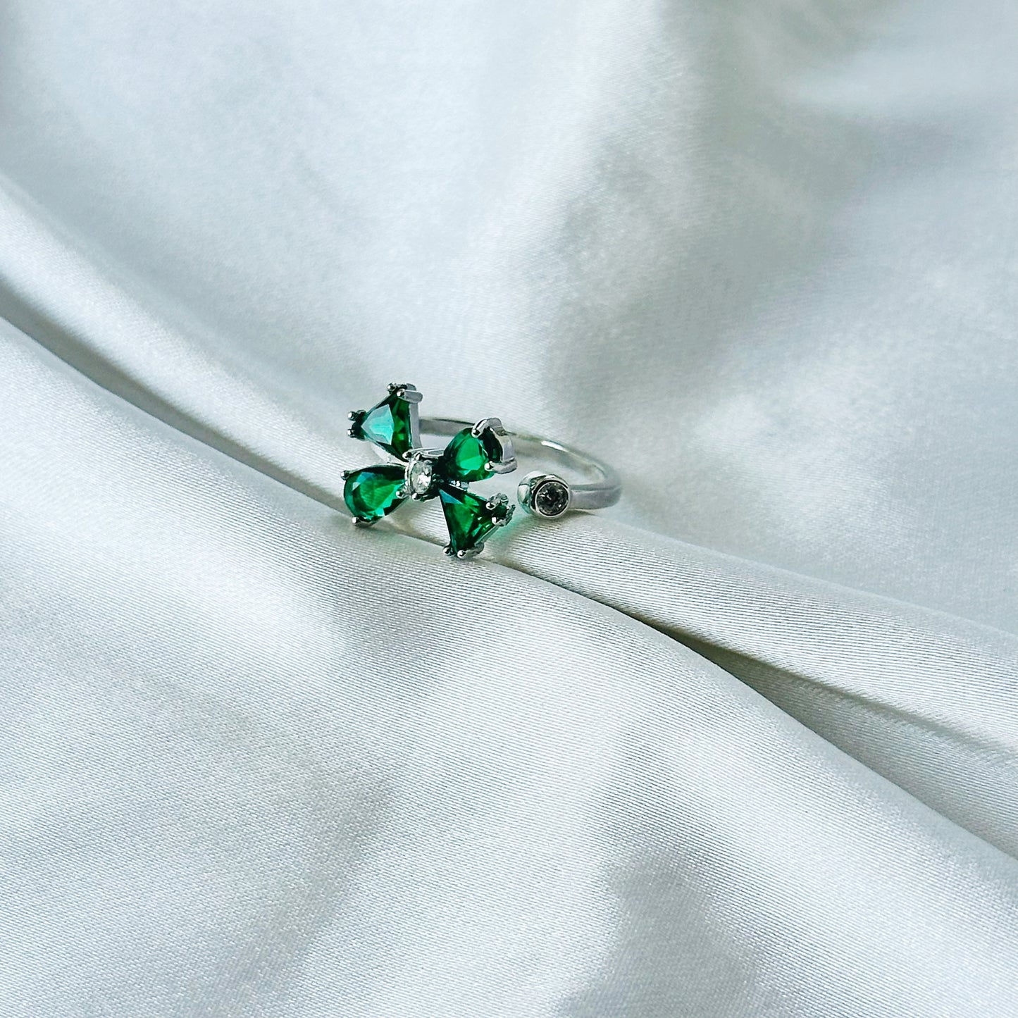 Green Emerald Cubic Zirconia American Diamond Silver Plated Adjustable Ring