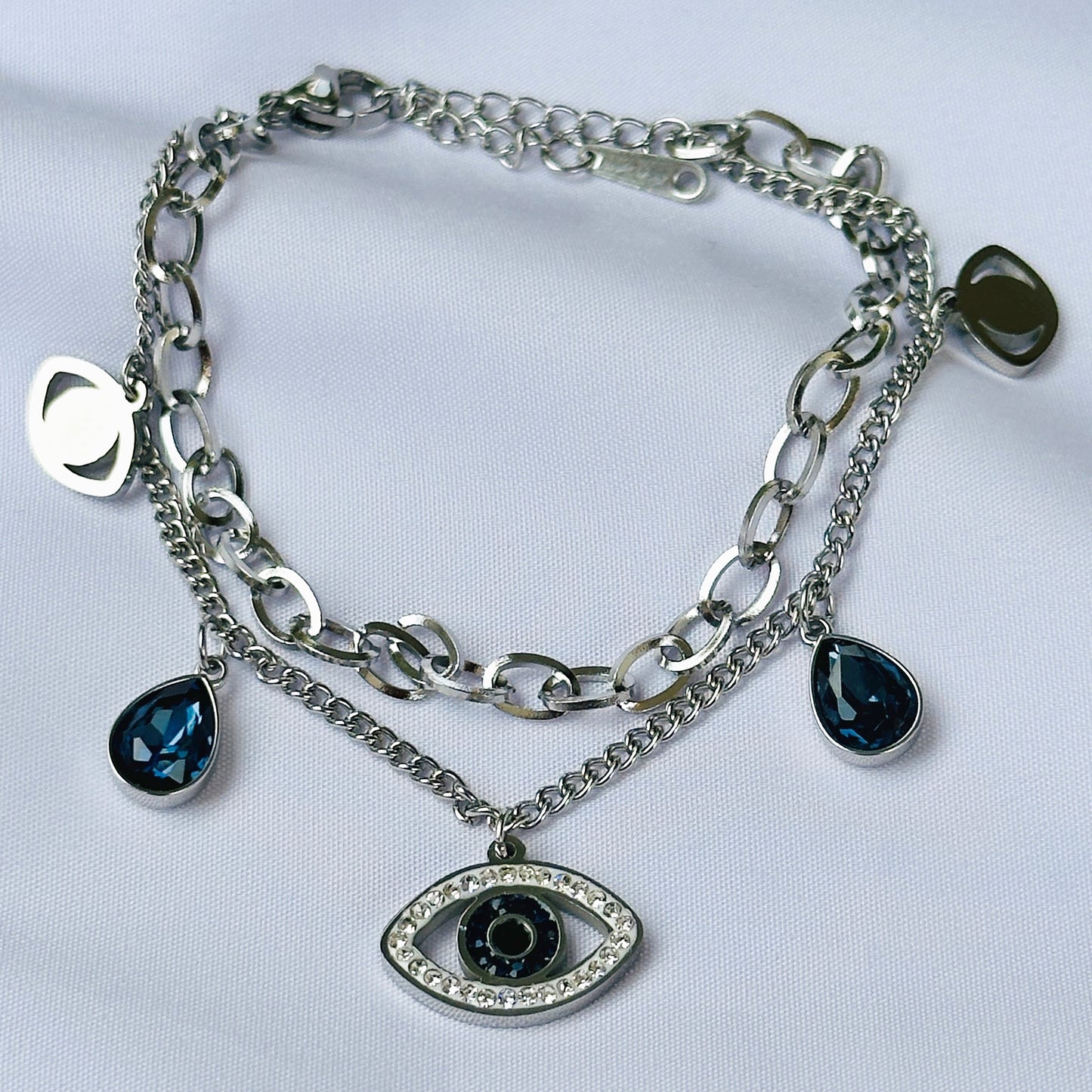 Evil Eye Indigo Blue Crystal Studded Rose Gold Plated Stainless Steel Anti Tarnish Adjustable Chain Bracelet