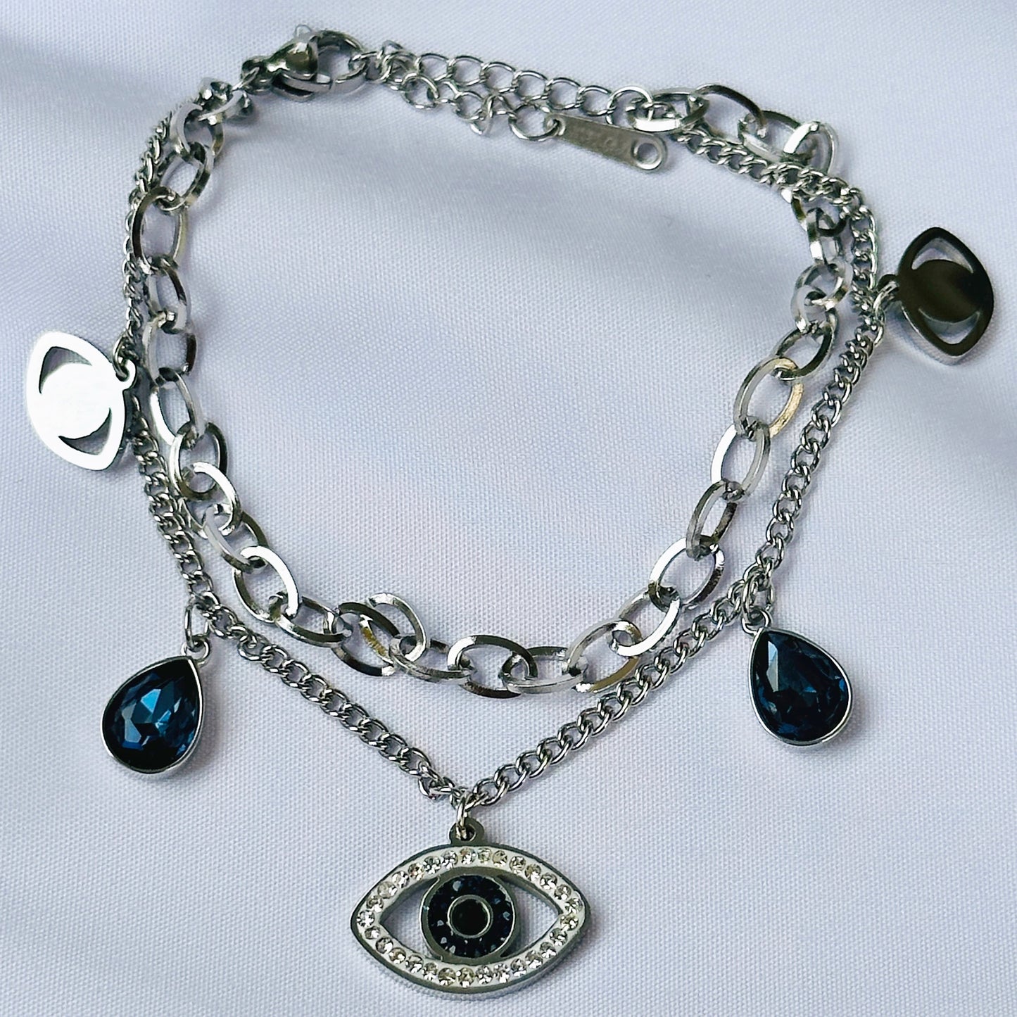 Evil Eye Indigo Blue Crystal Studded Silver Plated Stainless Steel Anti Tarnish Adjustable Chain Bracelet