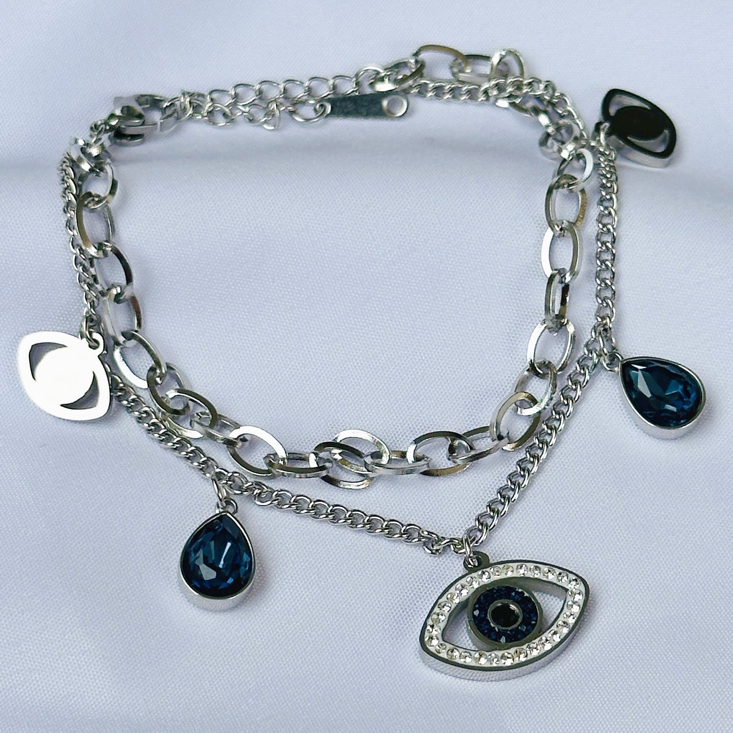 Evil Eye Indigo Blue Crystal Studded Silver Plated Stainless Steel Anti Tarnish Adjustable Chain Bracelet