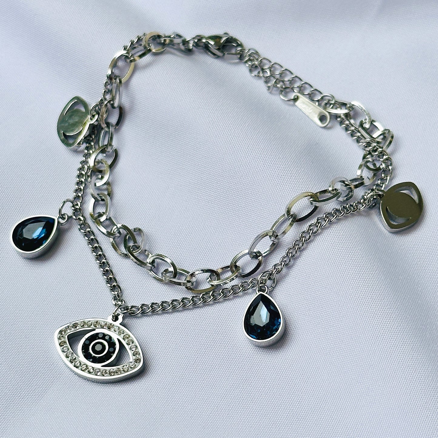 Evil Eye Indigo Blue Crystal Studded Silver Plated Stainless Steel Anti Tarnish Adjustable Chain Bracelet
