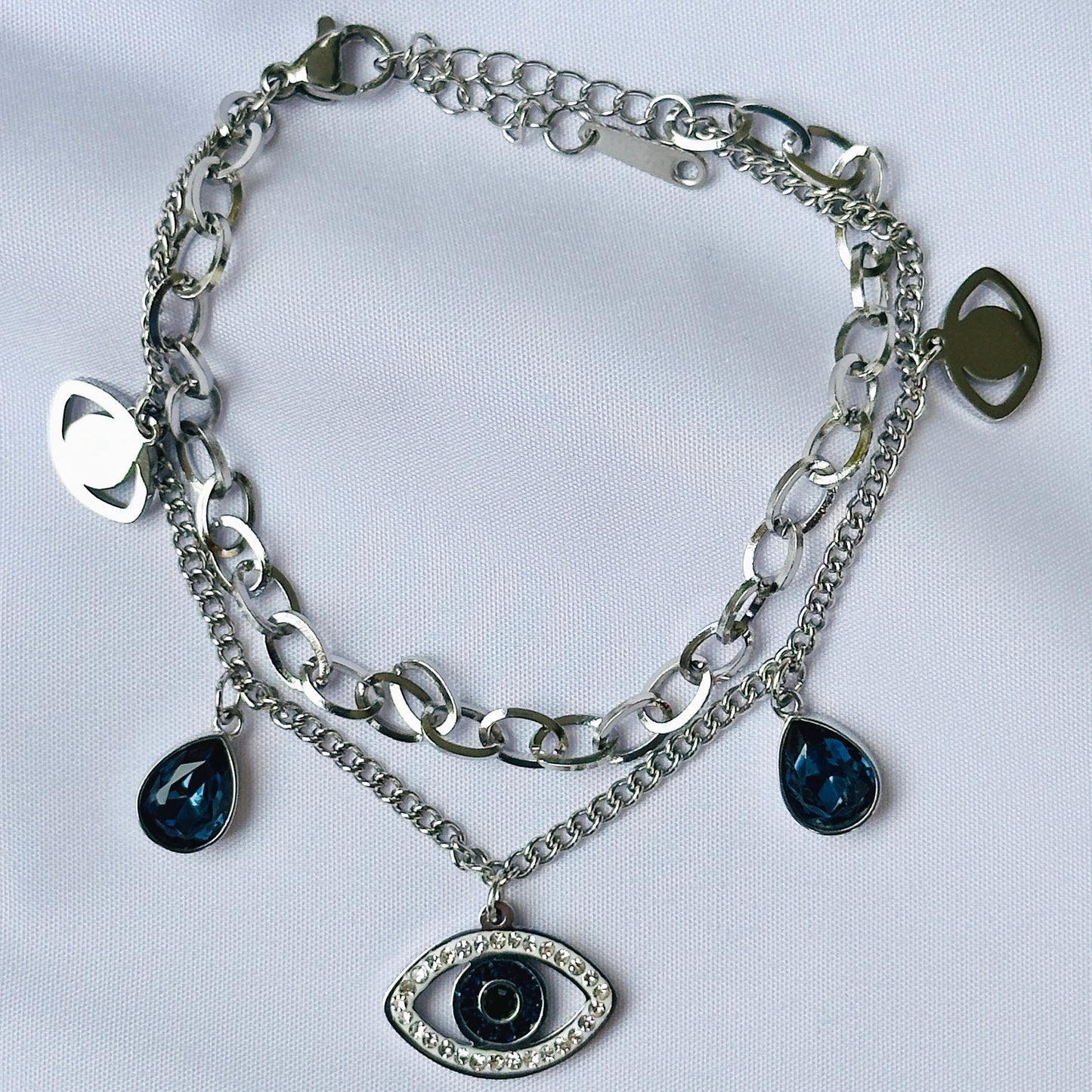 Evil Eye Indigo Blue Crystal Studded Silver Plated Stainless Steel Anti Tarnish Adjustable Chain Bracelet