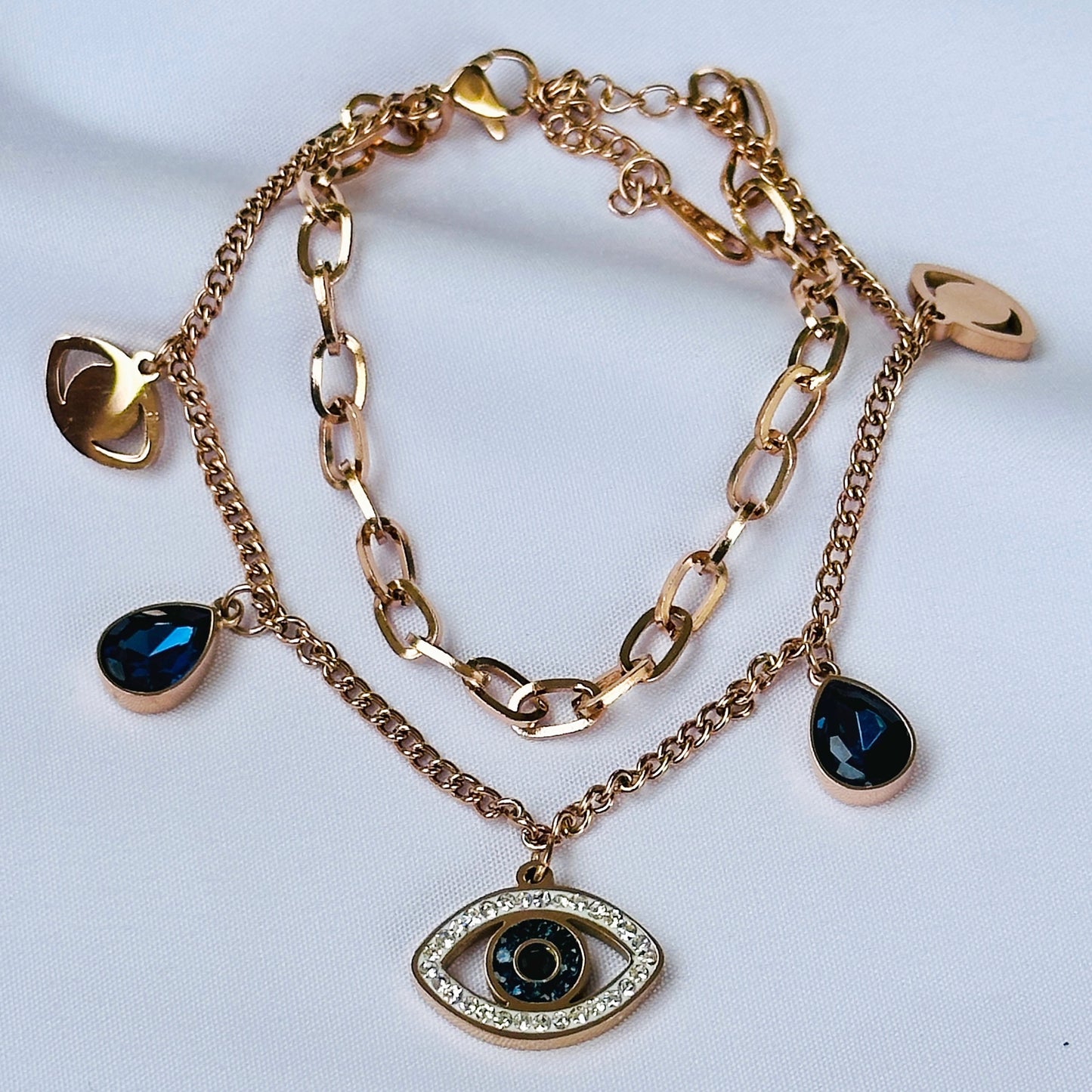 Evil Eye Indigo Blue Crystal Studded Silver Plated Stainless Steel Anti Tarnish Adjustable Chain Bracelet