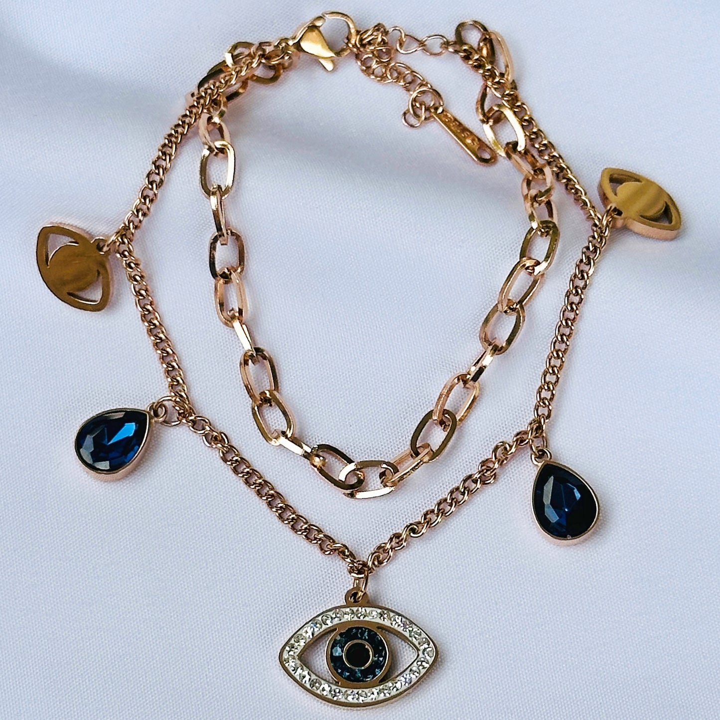 Evil Eye Indigo Blue Crystal Studded Rose Gold Plated Stainless Steel Anti Tarnish Adjustable Chain Bracelet