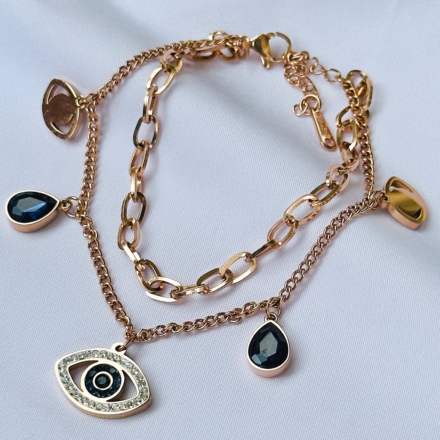 Evil Eye Indigo Blue Crystal Studded Rose Gold Plated Stainless Steel Anti Tarnish Adjustable Chain Bracelet