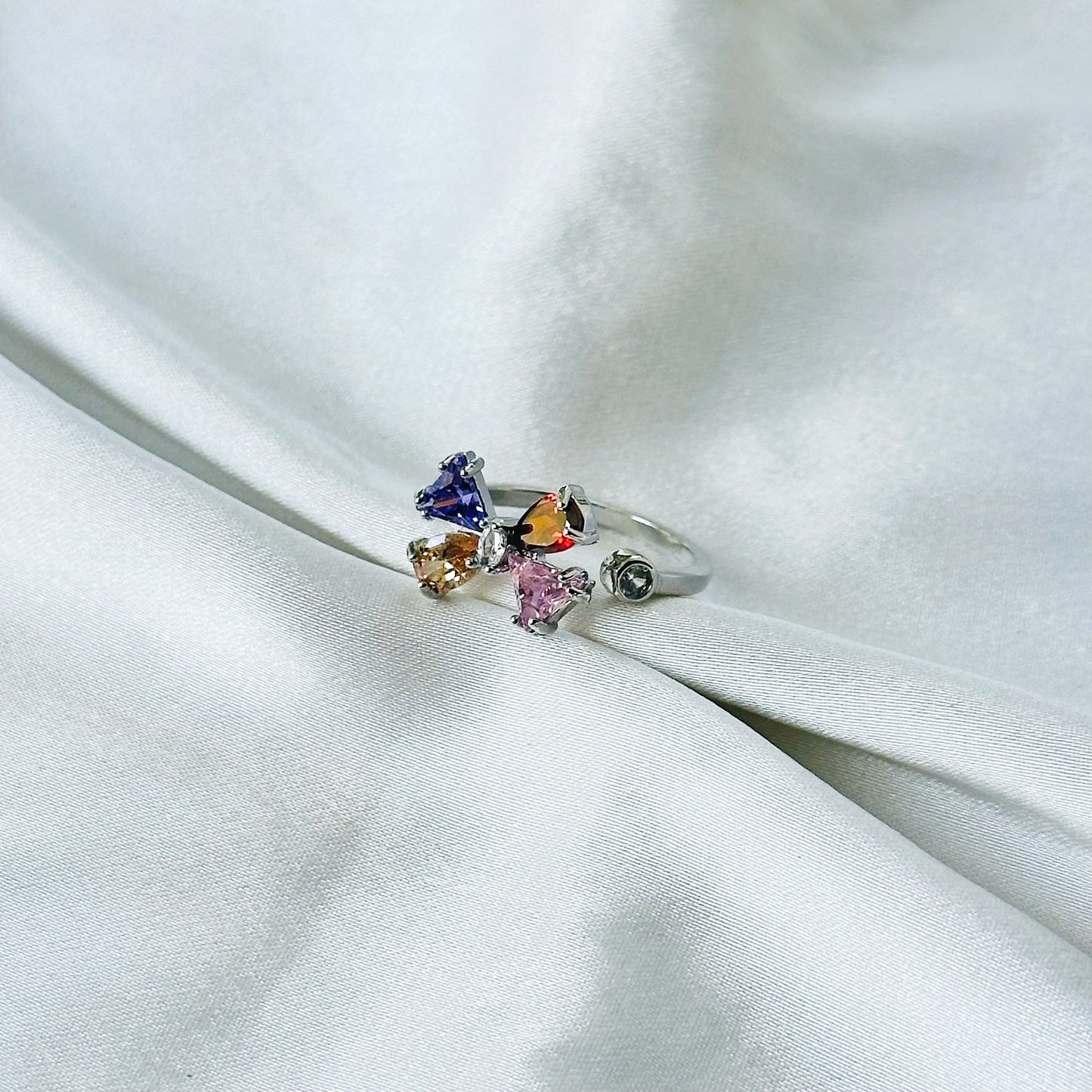 Multi-Color American Diamond Silver Plated Adjustable Ring