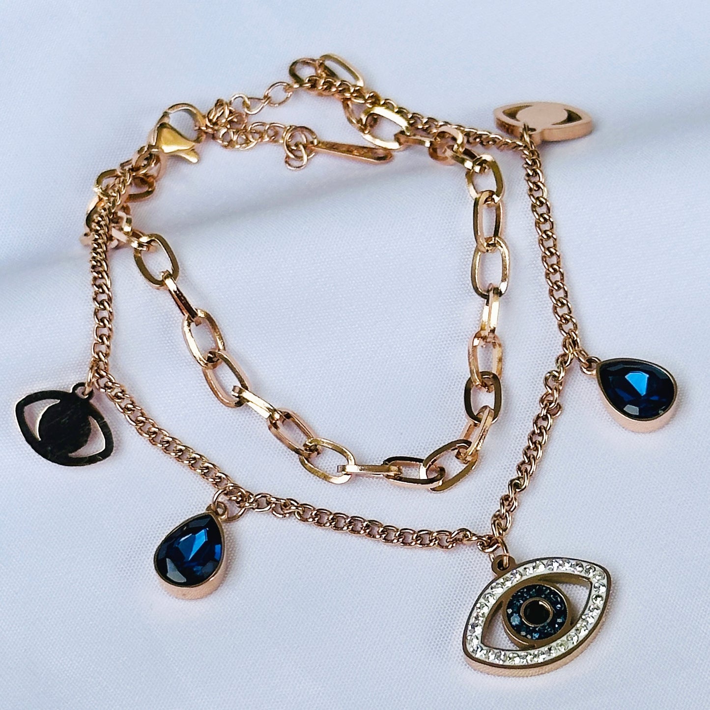 Evil Eye Indigo Blue Crystal Studded Rose Gold Plated Stainless Steel Anti Tarnish Adjustable Chain Bracelet