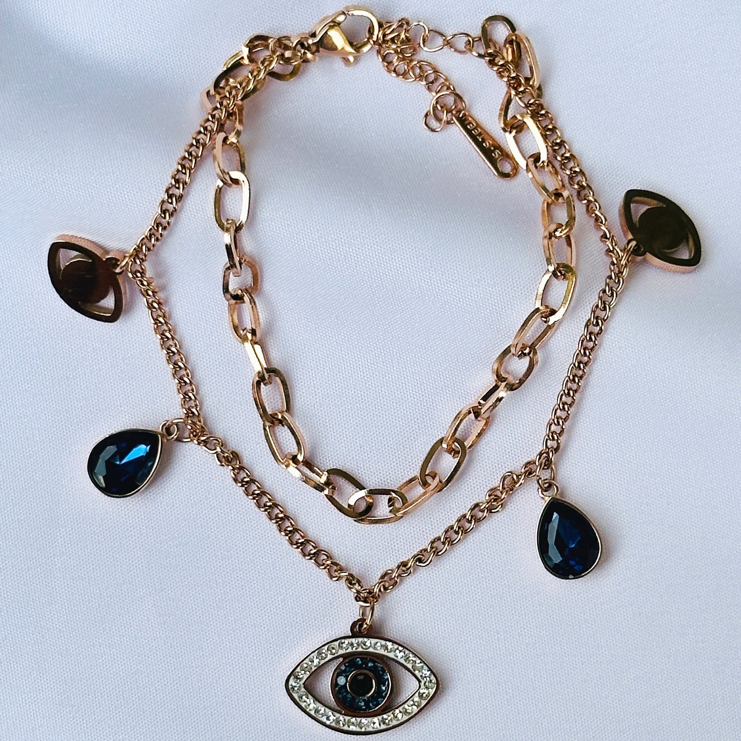 Evil Eye Indigo Blue Crystal Studded Rose Gold Plated Stainless Steel Anti Tarnish Adjustable Chain Bracelet