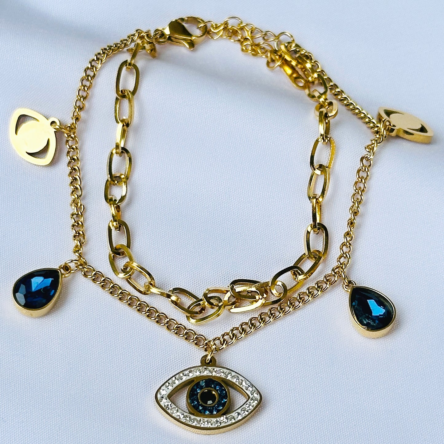 Evil Eye Indigo Blue Crystal Studded Rose Gold Plated Stainless Steel Anti Tarnish Adjustable Chain Bracelet