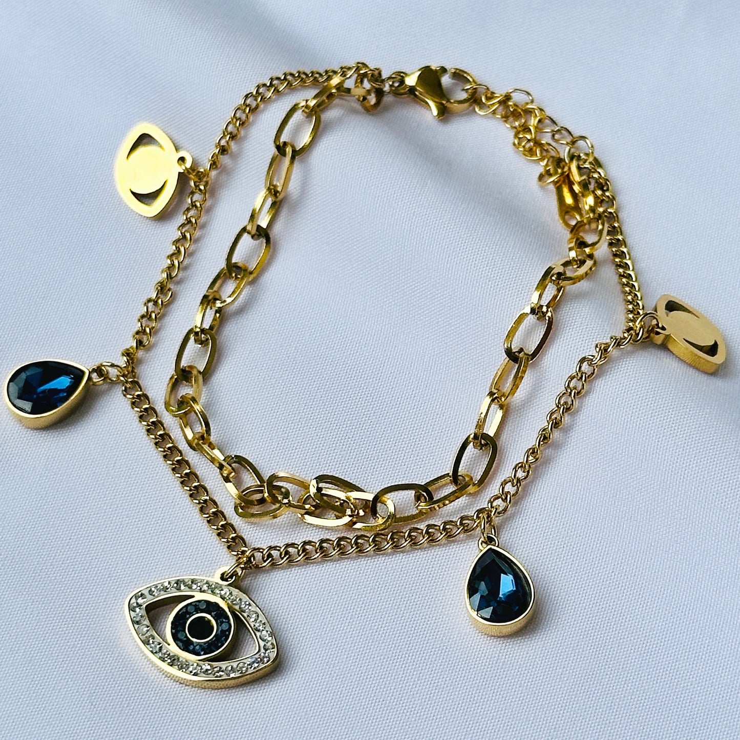 Evil Eye Indigo Blue Crystal Studded Gold Plated Stainless Steel Anti Tarnish Adjustable Chain Bracelet