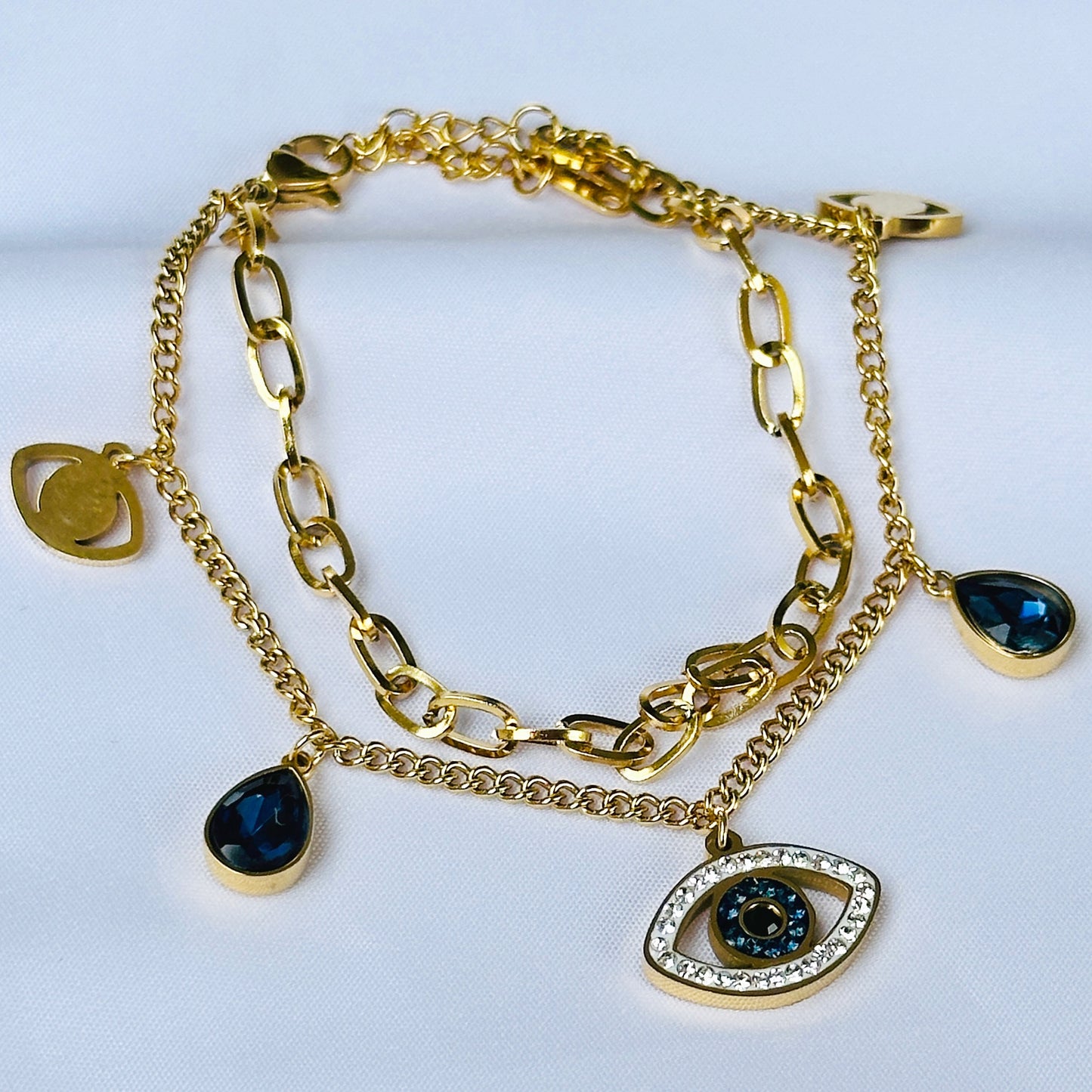 Evil Eye Indigo Blue Crystal Studded Gold Plated Stainless Steel Anti Tarnish Adjustable Chain Bracelet
