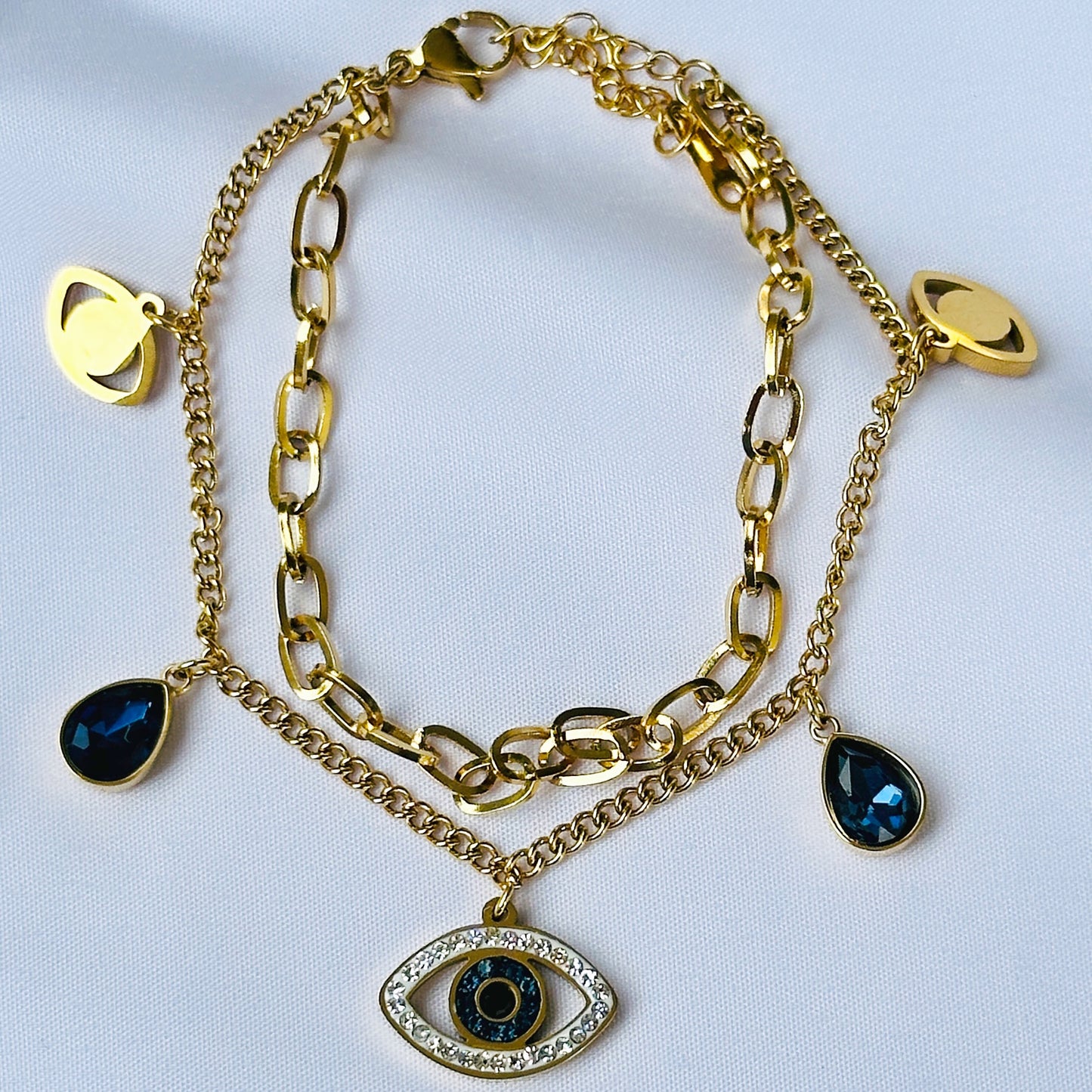 Evil Eye Indigo Blue Crystal Studded Silver Plated Stainless Steel Anti Tarnish Adjustable Chain Bracelet