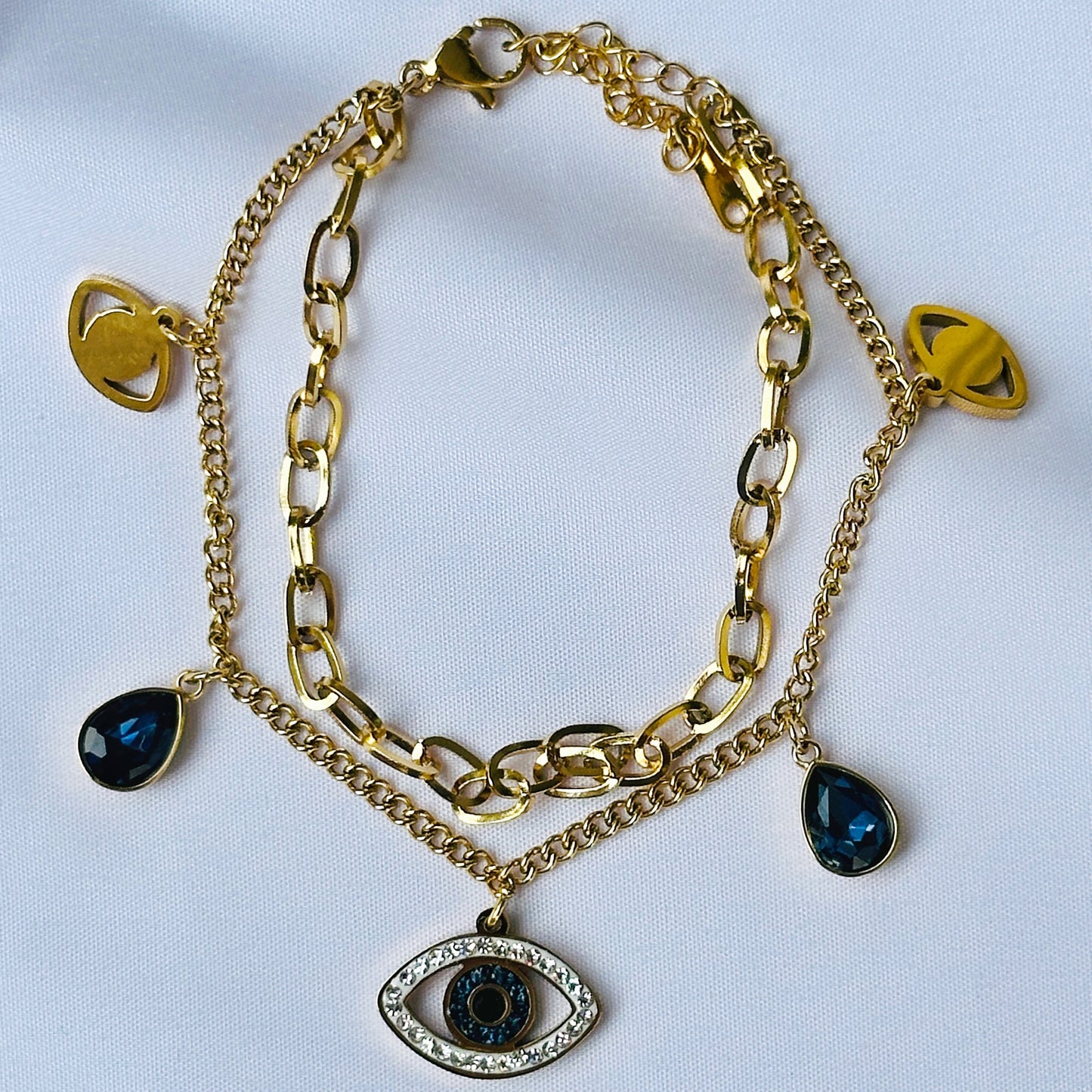Evil Eye Indigo Blue Crystal Studded Gold Plated Stainless Steel Anti Tarnish Adjustable Chain Bracelet