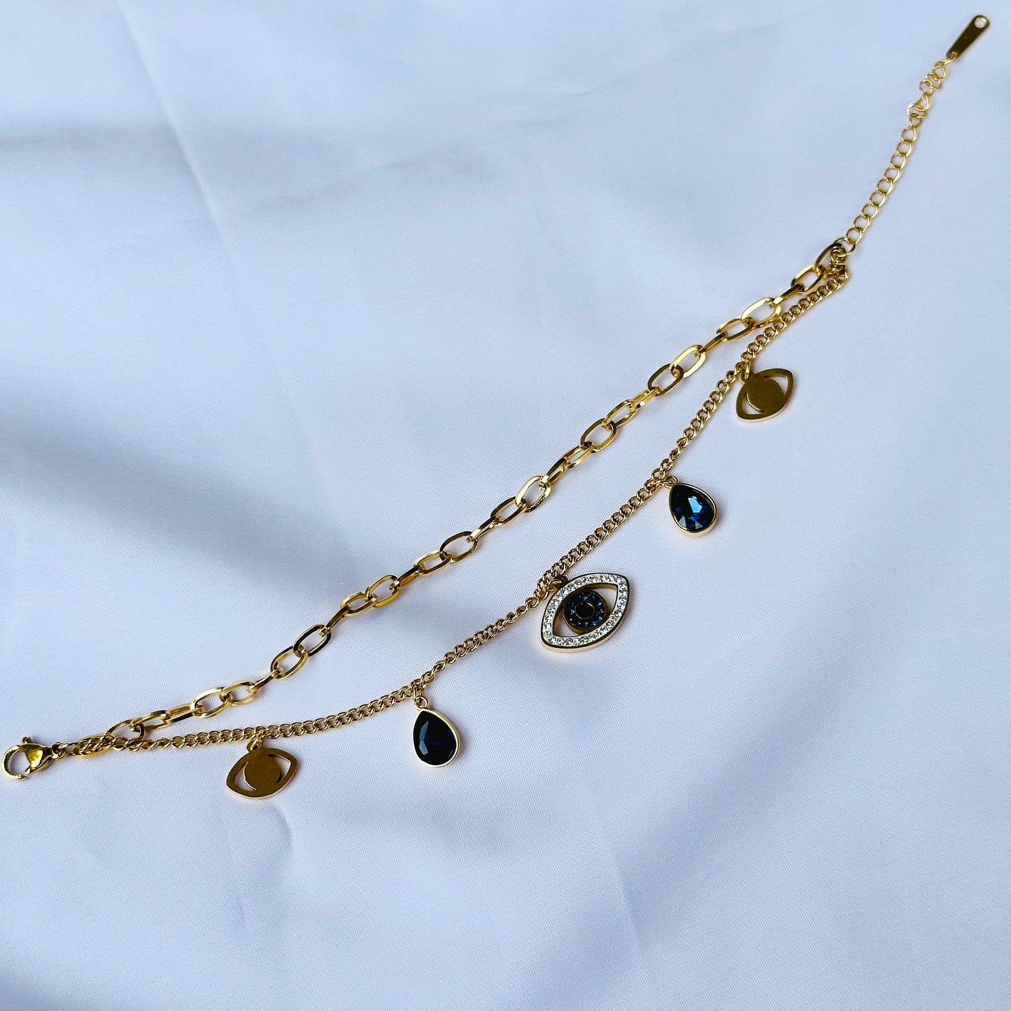 Evil Eye Indigo Blue Crystal Studded Gold Plated Stainless Steel Anti Tarnish Adjustable Chain Bracelet