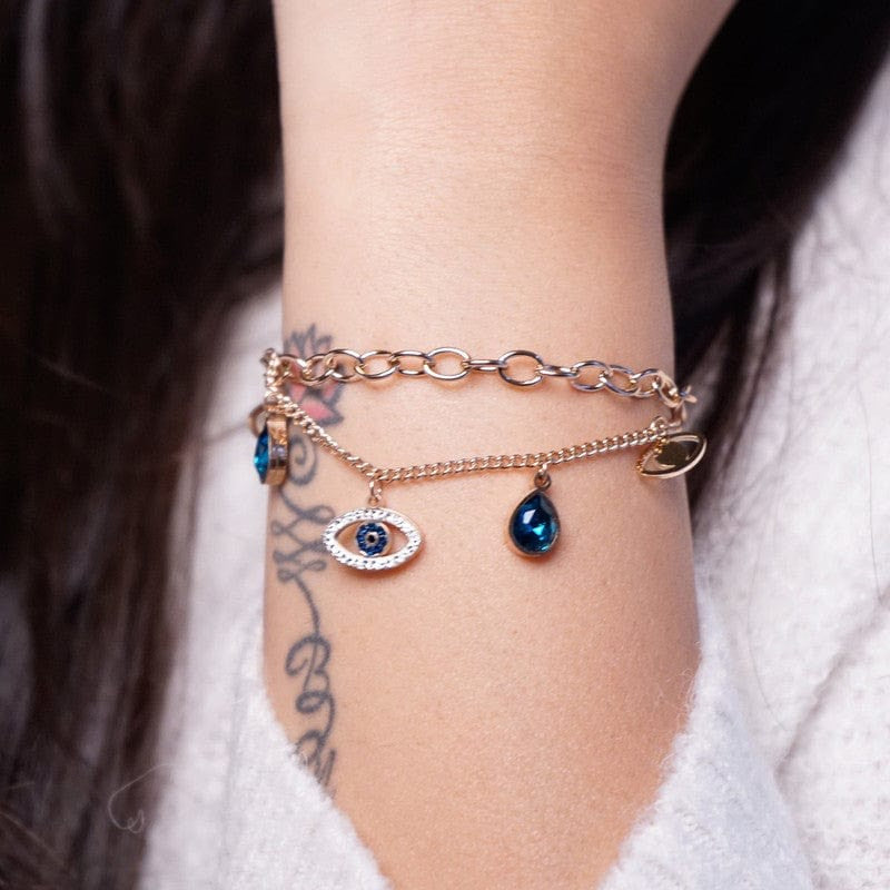Evil Eye Indigo Blue Crystal Studded Rose Gold Plated Stainless Steel Anti Tarnish Adjustable Chain Bracelet