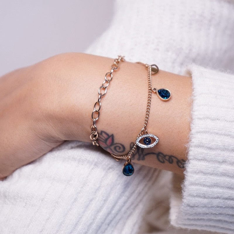 Evil Eye Indigo Blue Crystal Studded Rose Gold Plated Stainless Steel Anti Tarnish Adjustable Chain Bracelet