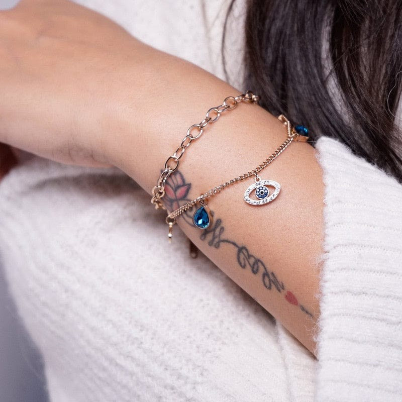 Evil Eye Indigo Blue Crystal Studded Rose Gold Plated Stainless Steel Anti Tarnish Adjustable Chain Bracelet