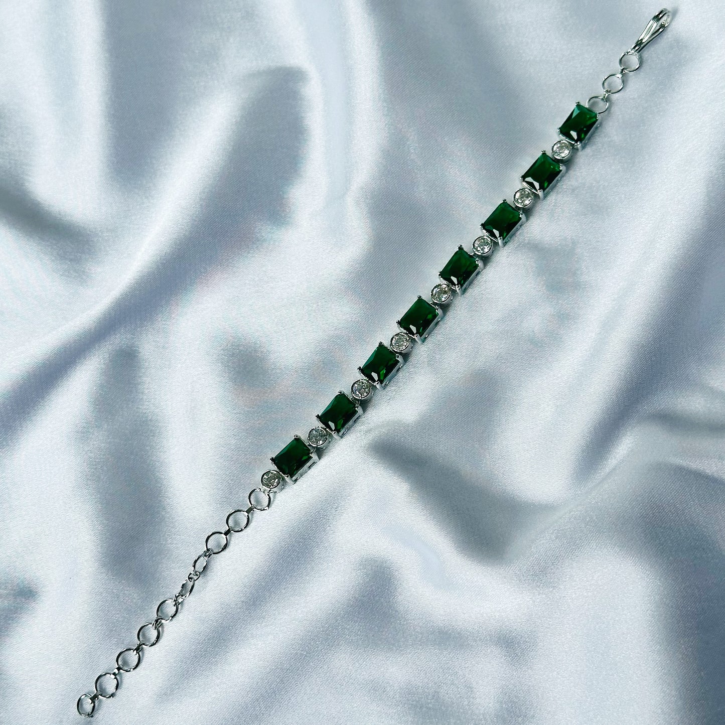 Green Emerald Cubic Zircon Stone American Diamond Silver Plated Chain Bracelet