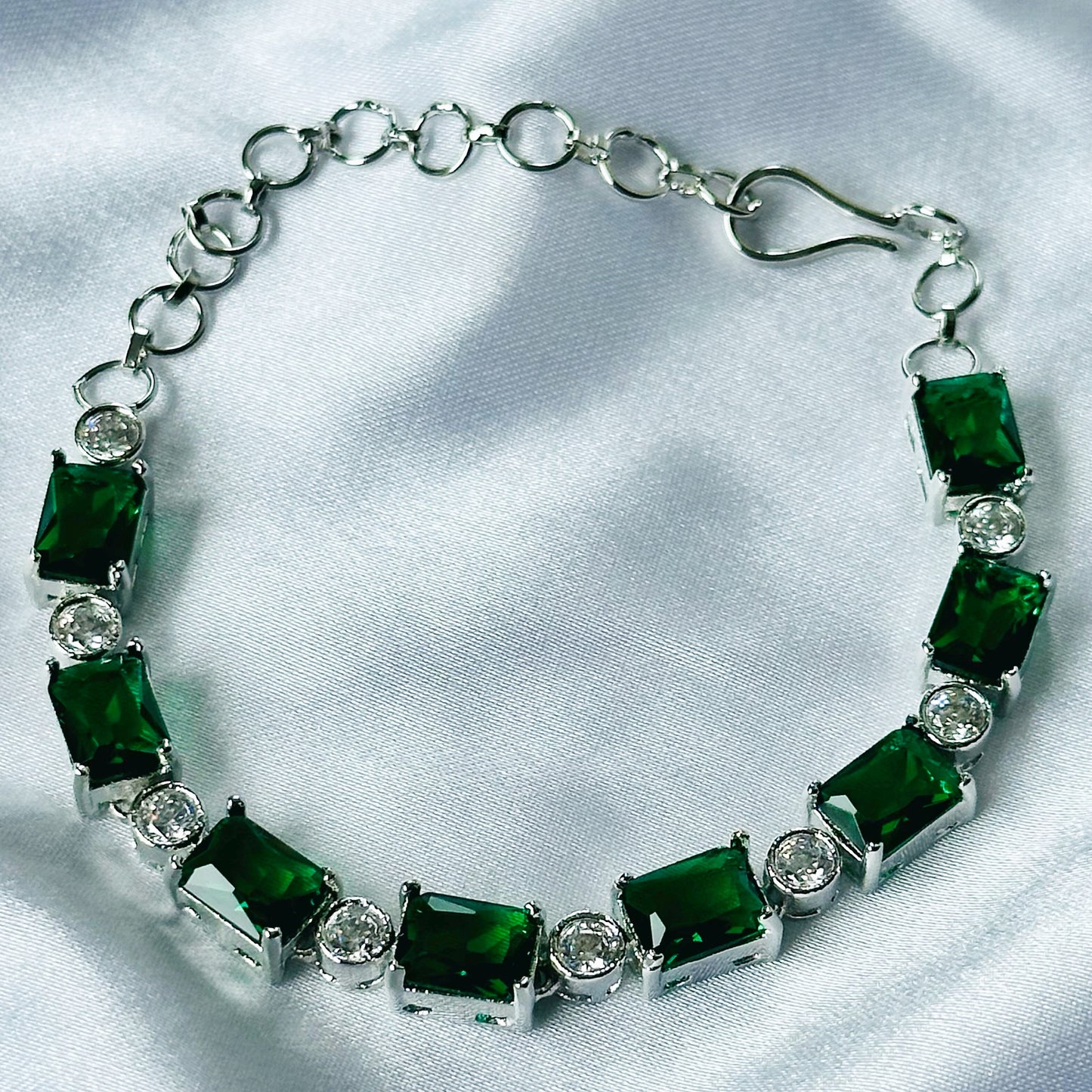 Green Emerald Cubic Zircon Stone American Diamond Silver Plated Chain Bracelet