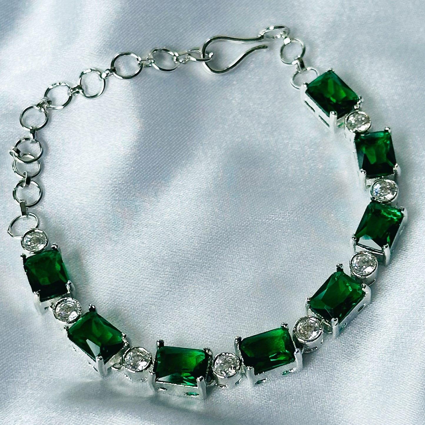 Green Emerald Cubic Zircon Stone American Diamond Silver Plated Chain Bracelet