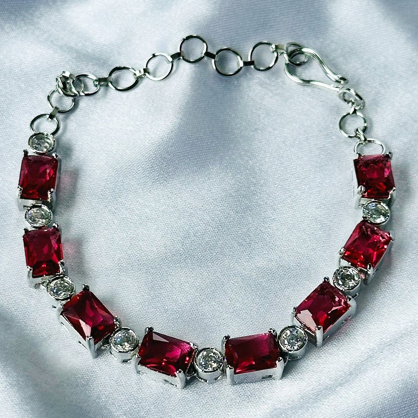 Red Ruby Cubic Zircon Stone American Diamond Silver Plated Chain Bracelet