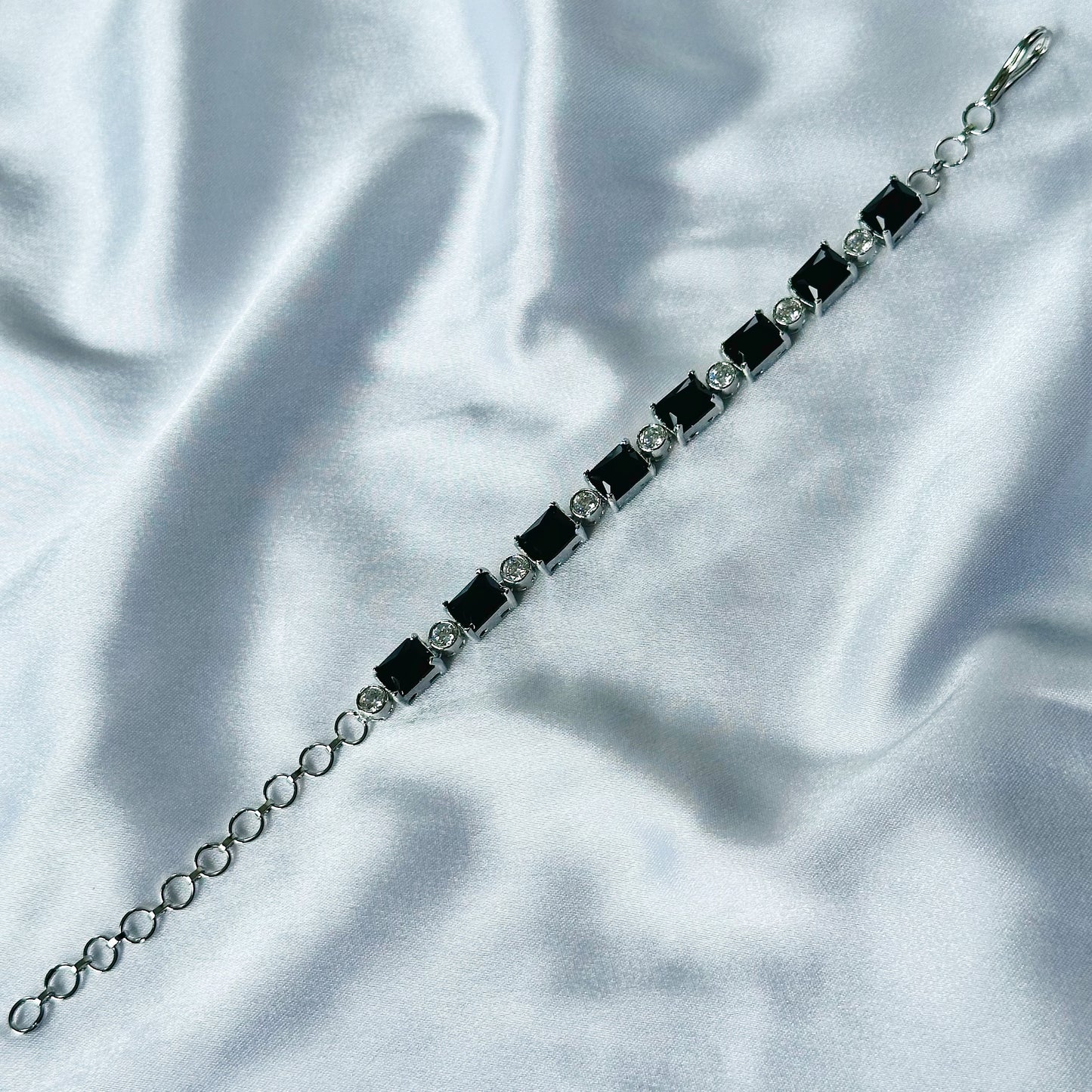 Black Zircon Stone American Diamond Silver Plated Chain Bracelet