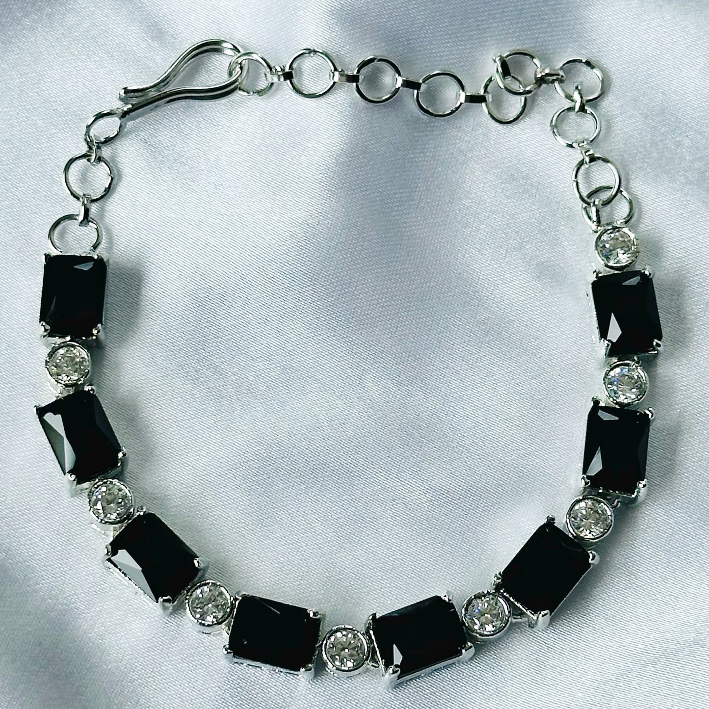 Black Zircon Stone American Diamond Silver Plated Chain Bracelet