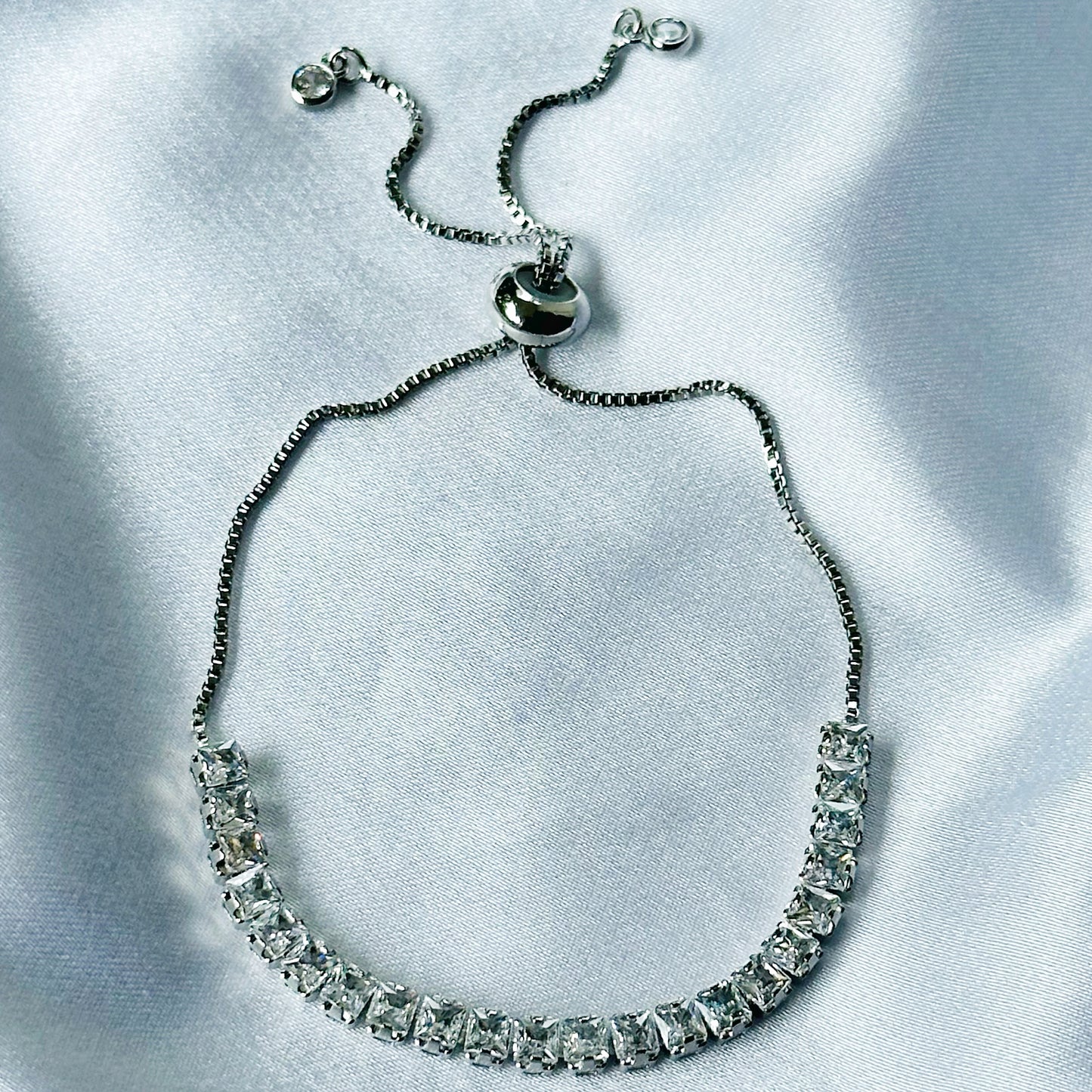 American Diamond Silver Plated Tennis Chain Adjustable Bracelet