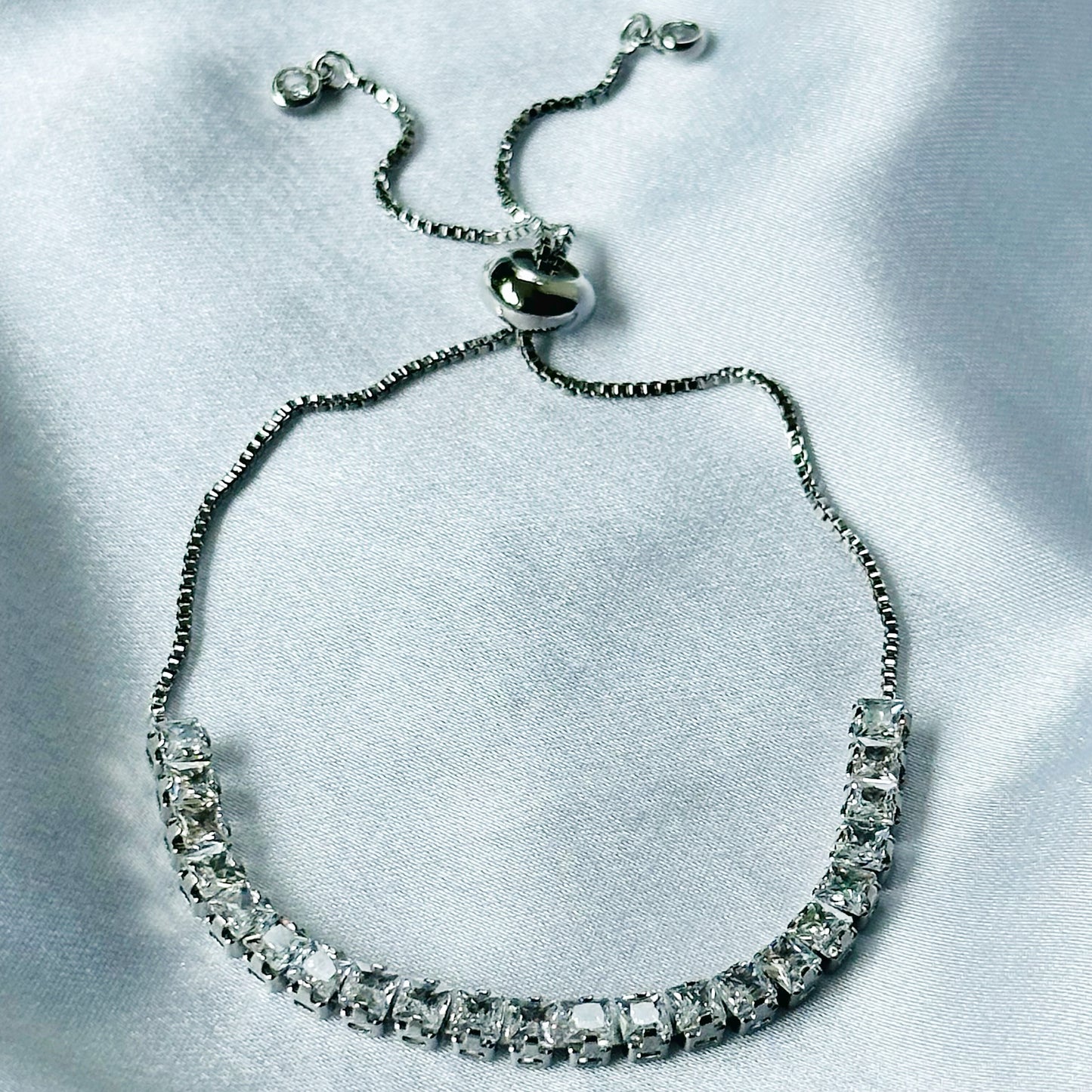 American Diamond Silver Plated Tennis Chain Adjustable Bracelet