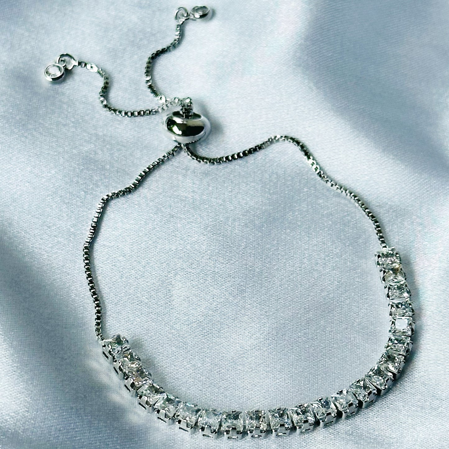 American Diamond Silver Plated Tennis Chain Adjustable Bracelet