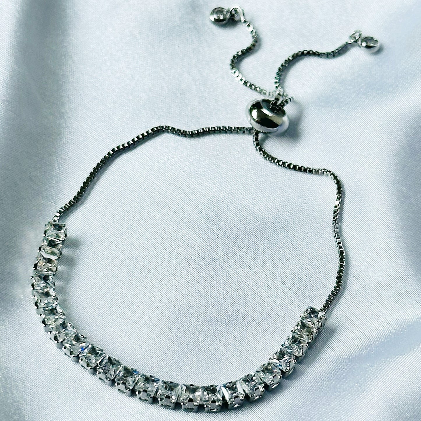 American Diamond Silver Plated Tennis Chain Adjustable Bracelet