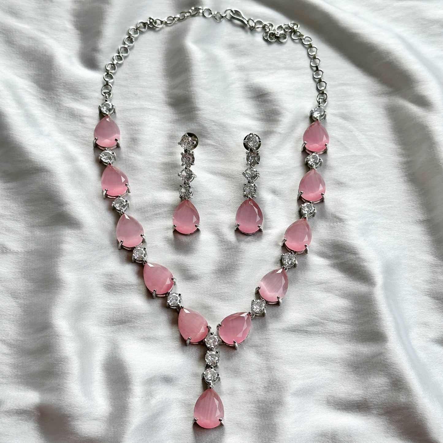 Pink Topaz Zircon American Diamond Silver Plated Necklace Set