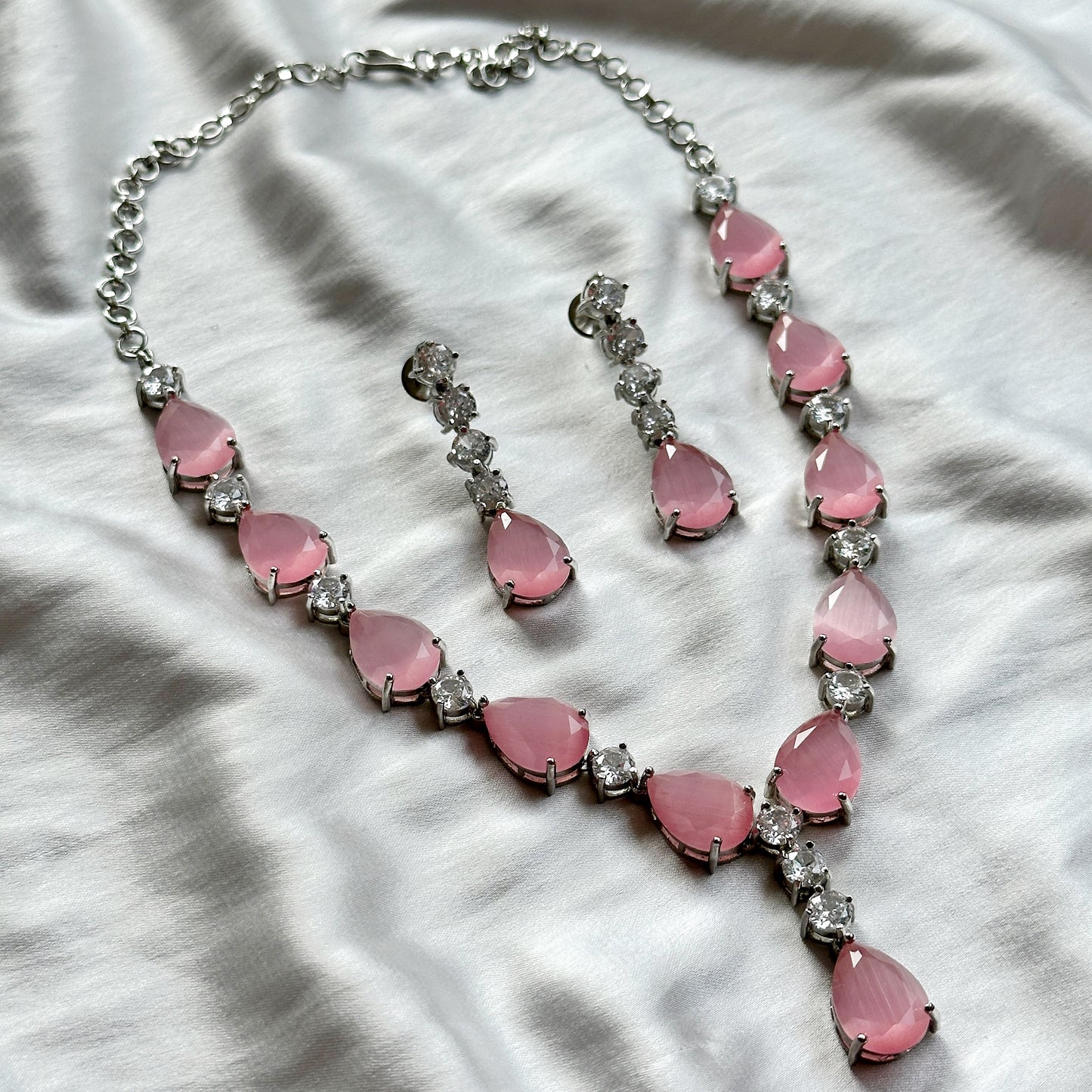 Pink Topaz Zircon American Diamond Silver Plated Necklace Set