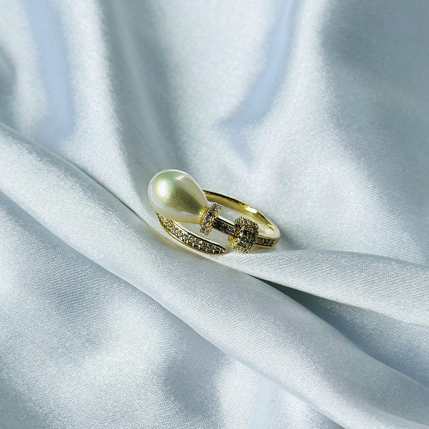 American Diamond Gold Plated Pearl Adjustable Ring