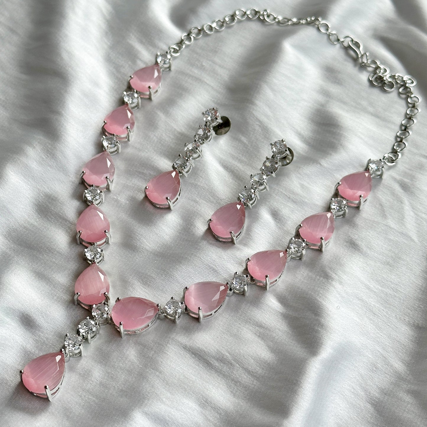 Pink Topaz Zircon American Diamond Silver Plated Necklace Set