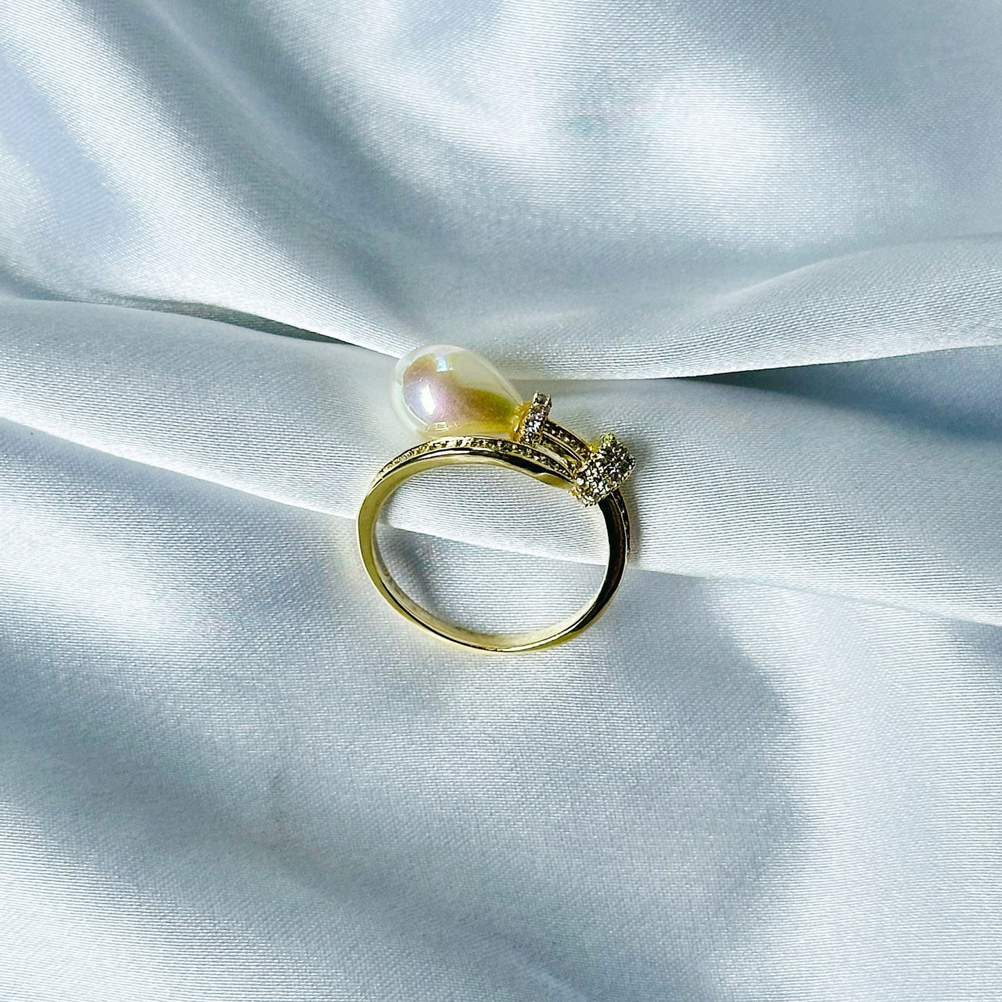 American Diamond Gold Plated Pearl Adjustable Ring